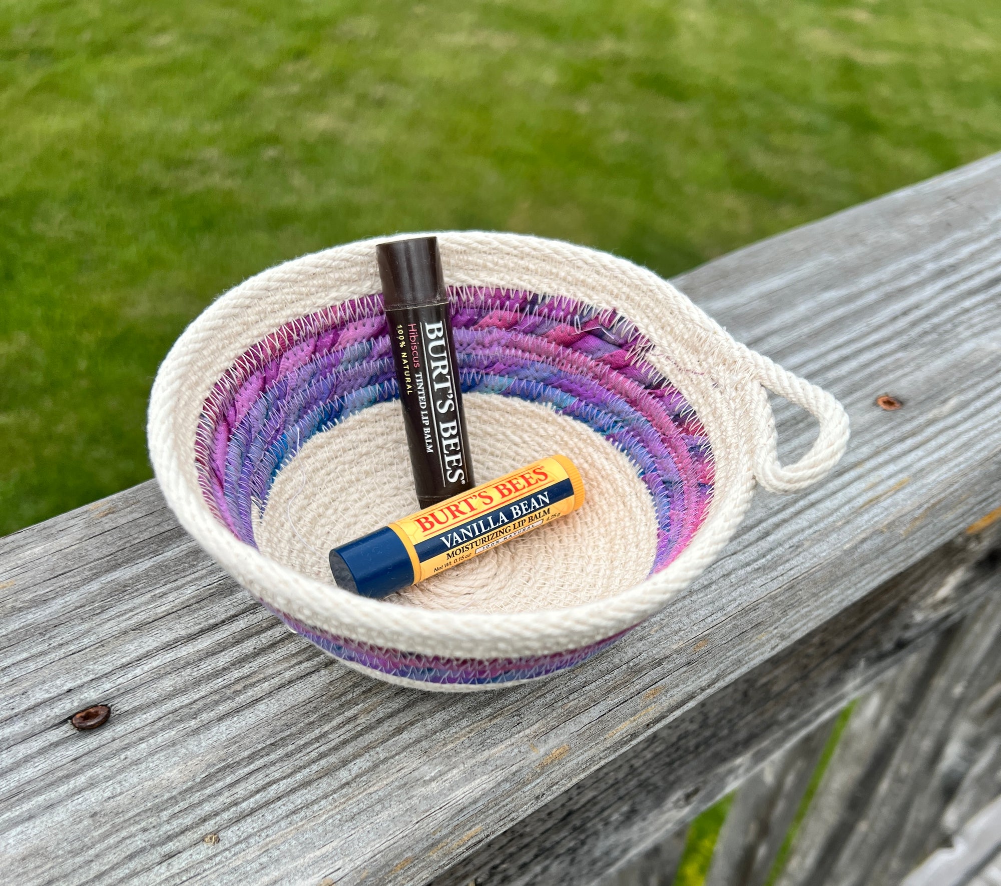 Small Coiled Rope Bowl - Cream with Purple Batik Accent
