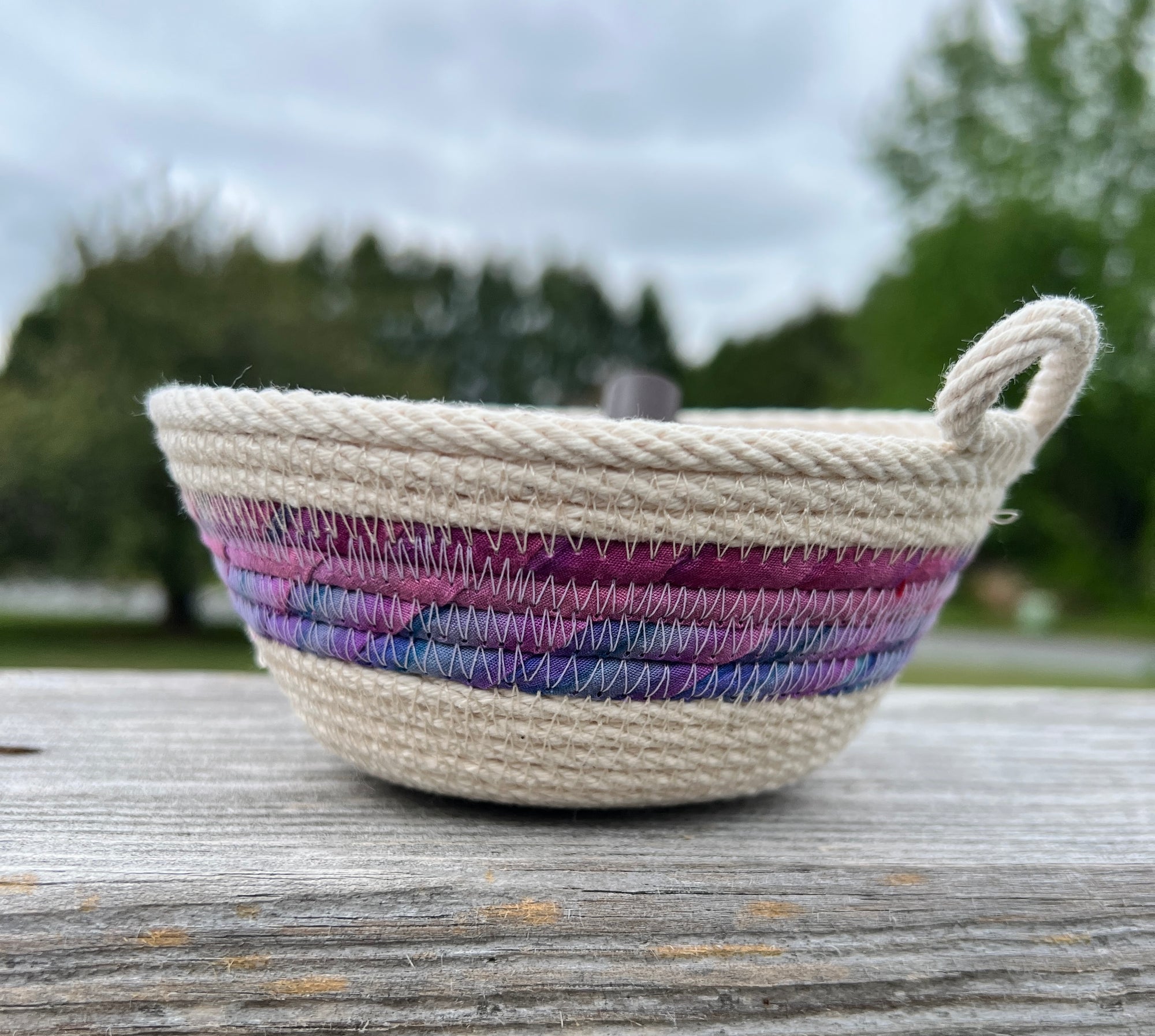 Small Coiled Rope Bowl - Cream with Purple Batik Accent