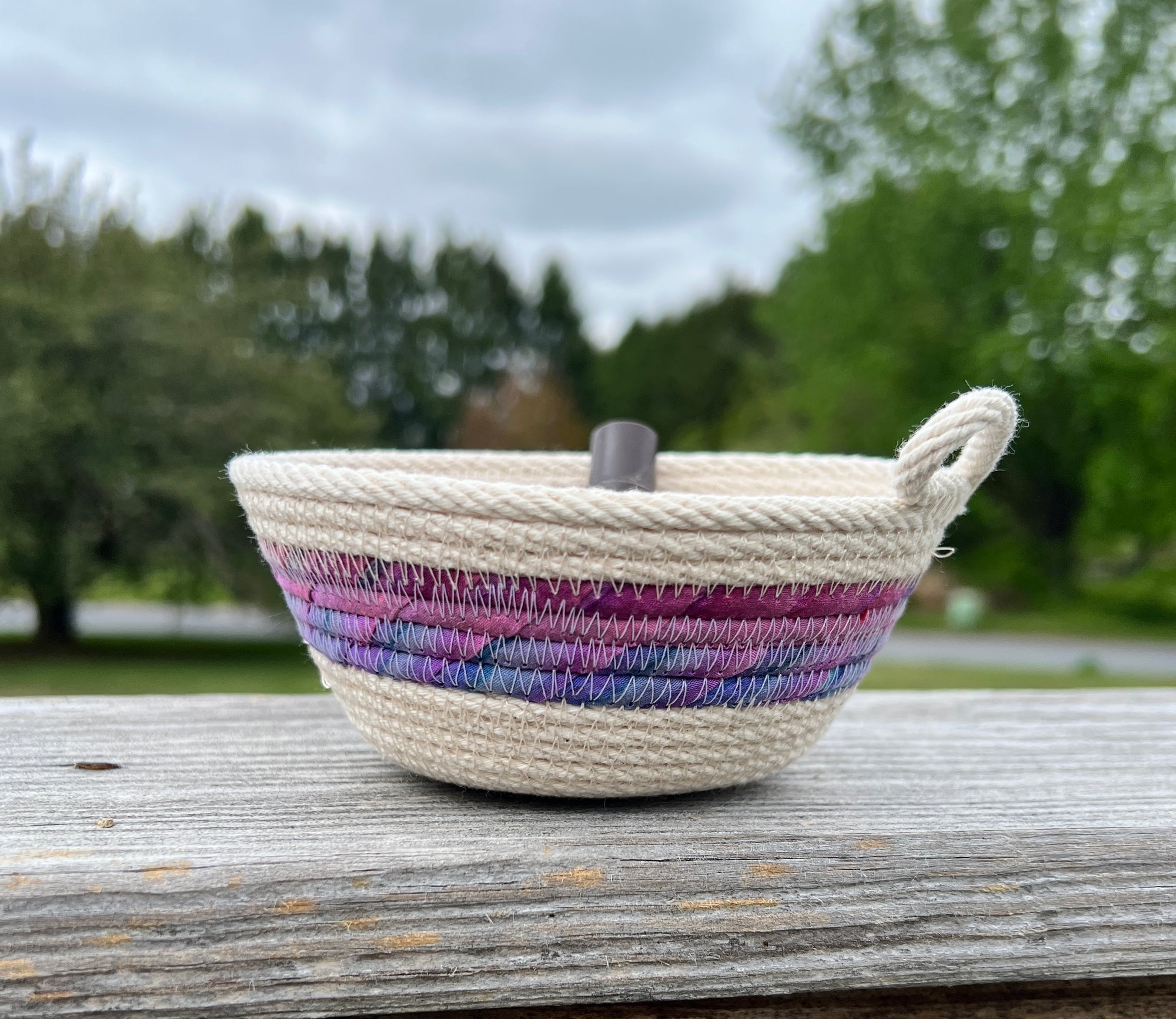 Small Coiled Rope Bowl - Cream with Purple Batik Accent