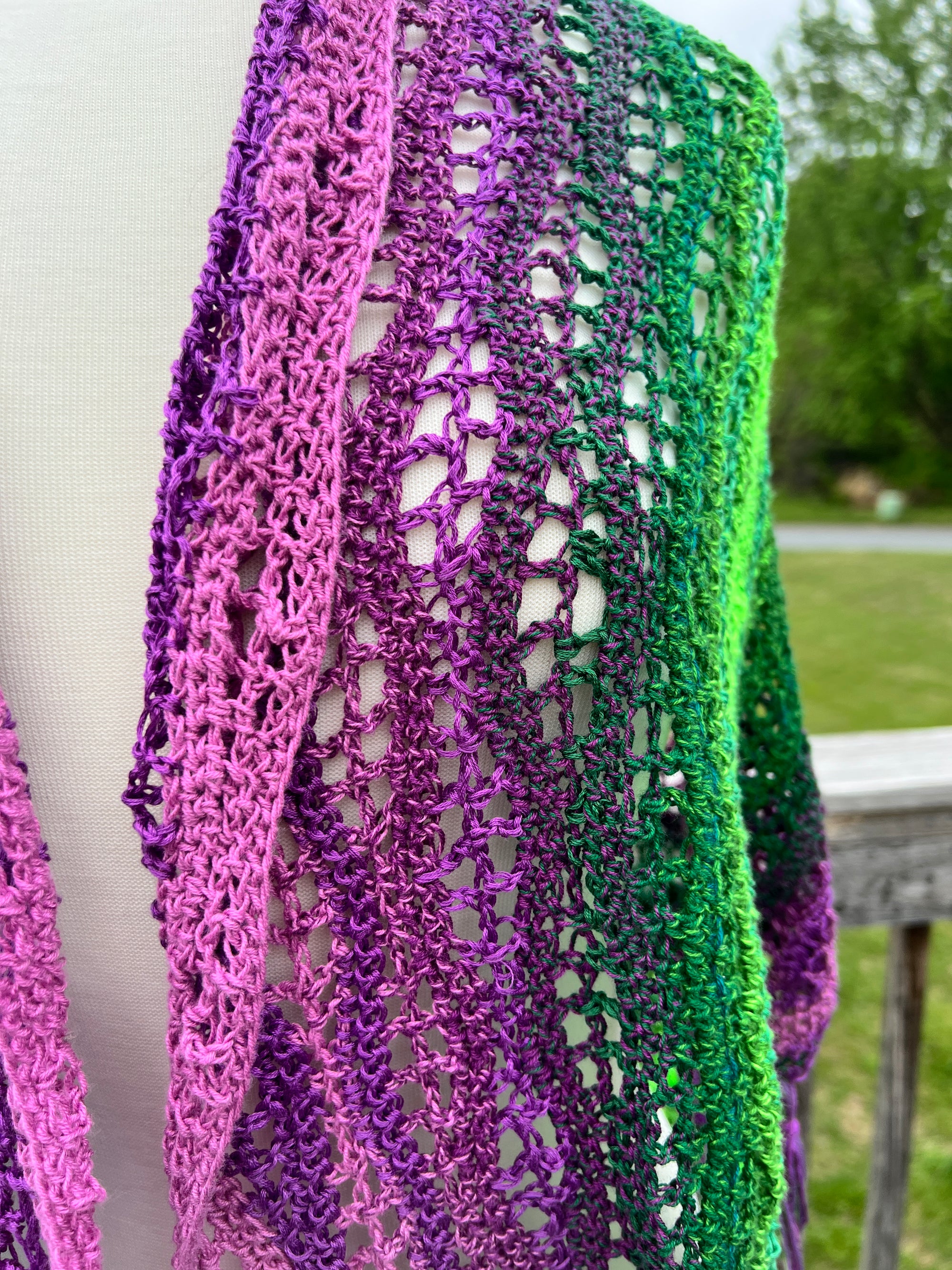 Summer Crocheted Full Tiered Shawl Small/Medium  - Purple with Neon Green