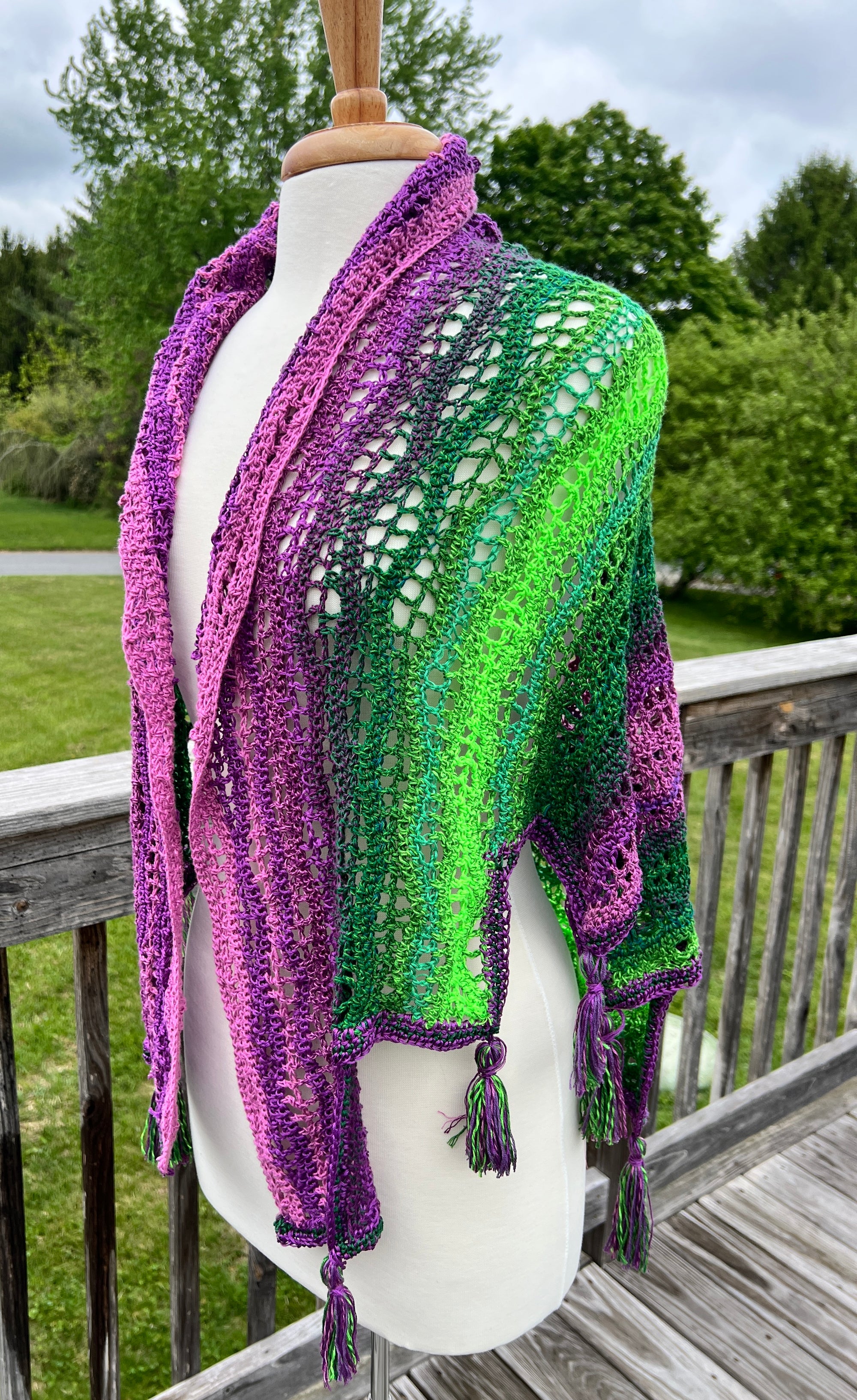 Summer Crocheted Full Tiered Shawl Small/Medium  - Purple with Neon Green