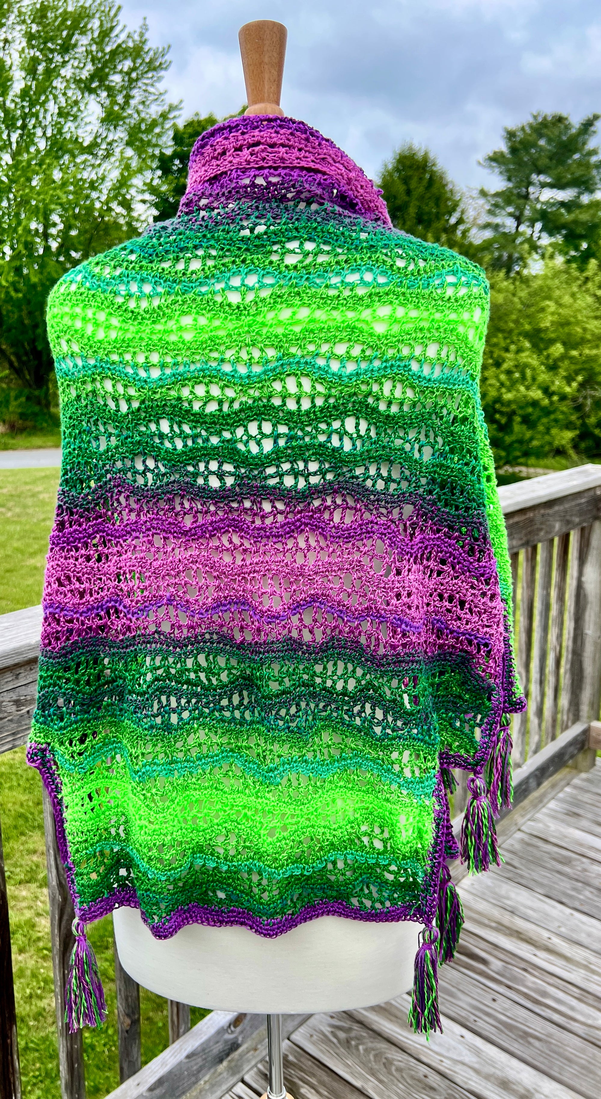 Summer Crocheted Full Tiered Shawl Small/Medium  - Purple with Neon Green