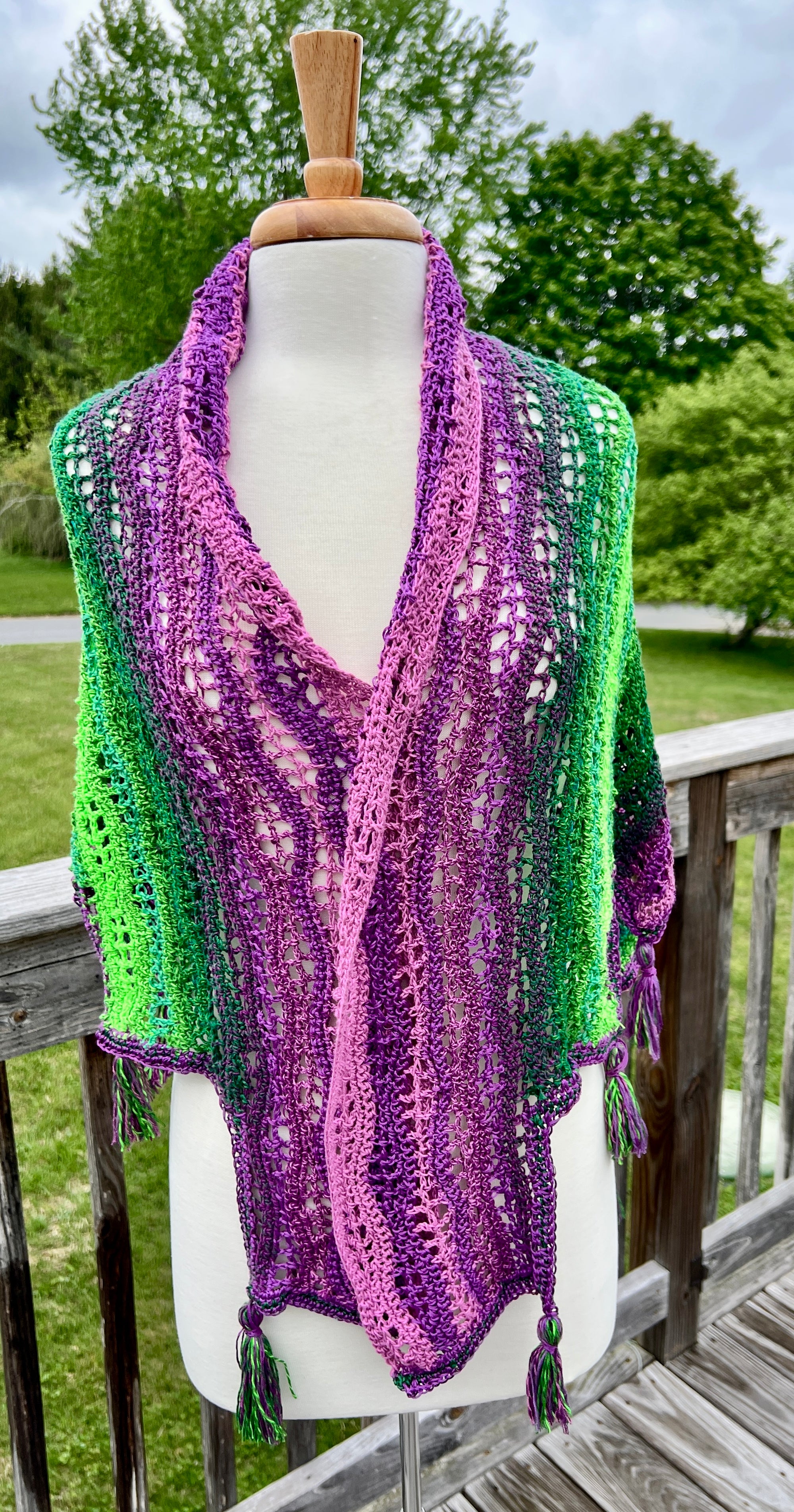 Summer Crocheted Full Tiered Shawl Small/Medium  - Purple with Neon Green