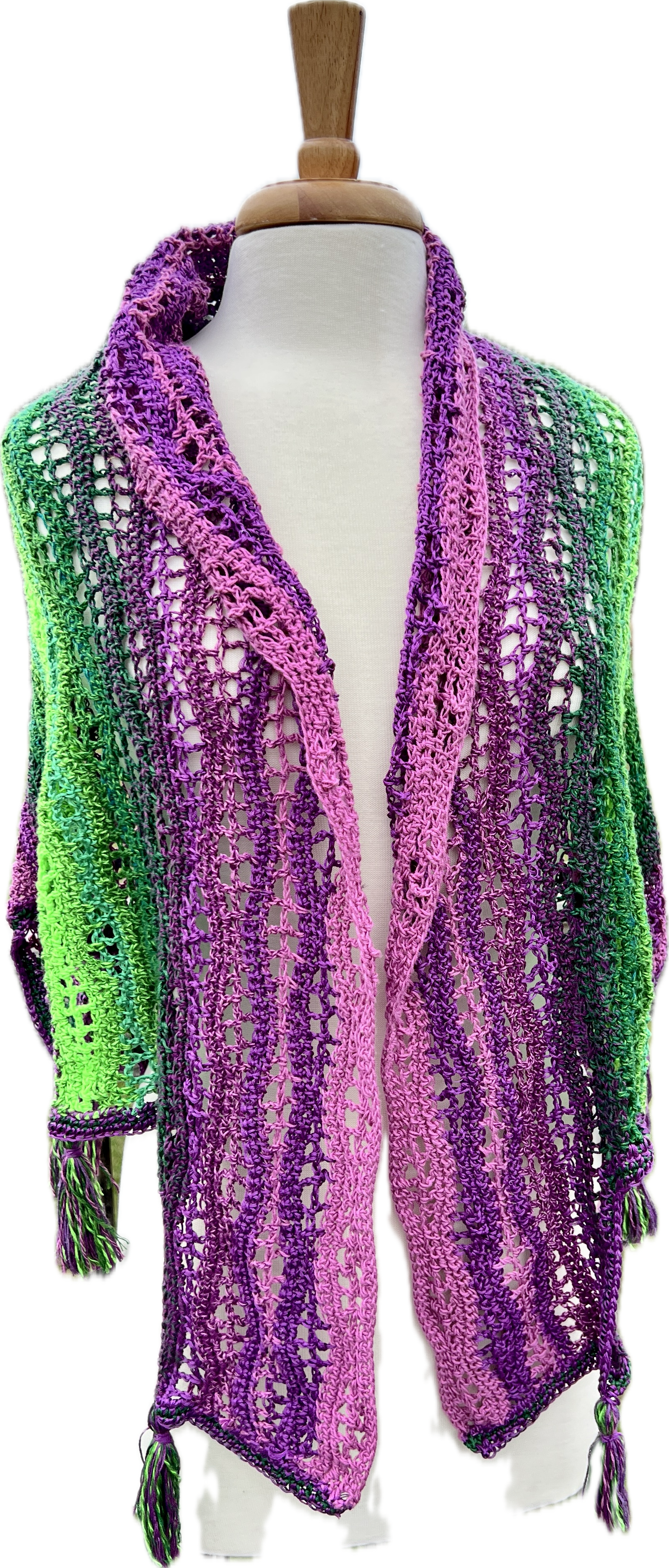Summer Crocheted Full Tiered Shawl Small/Medium  - Purple with Neon Green