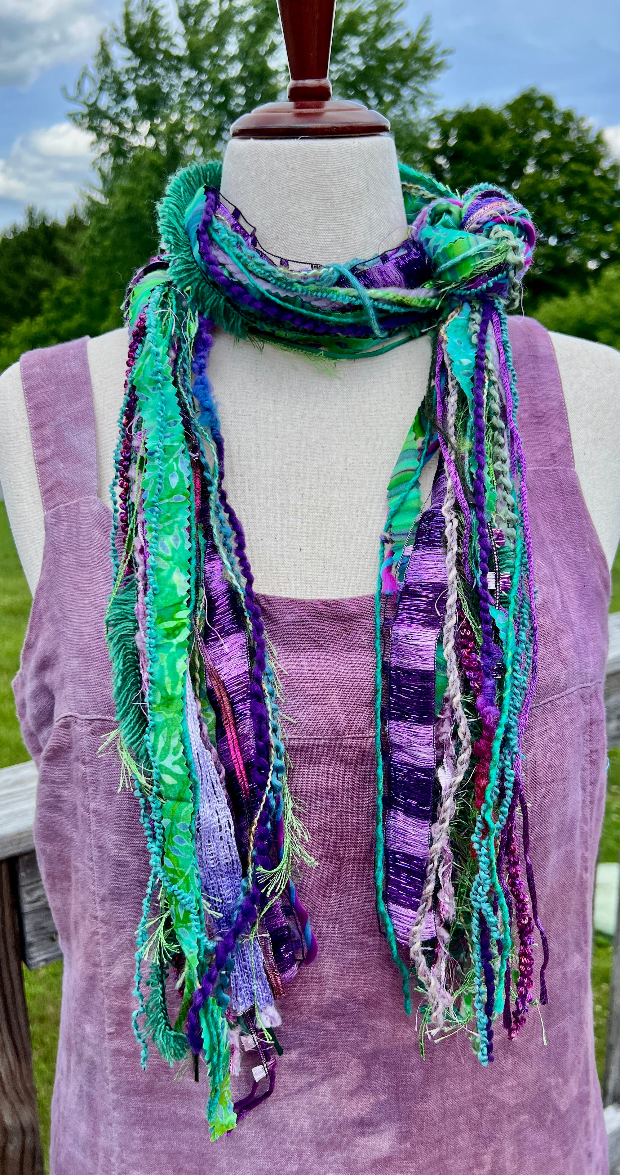 Yarn Scarf - In Purple and Green Novelty Yarns, Ribbons, fabric and a little sparkle
