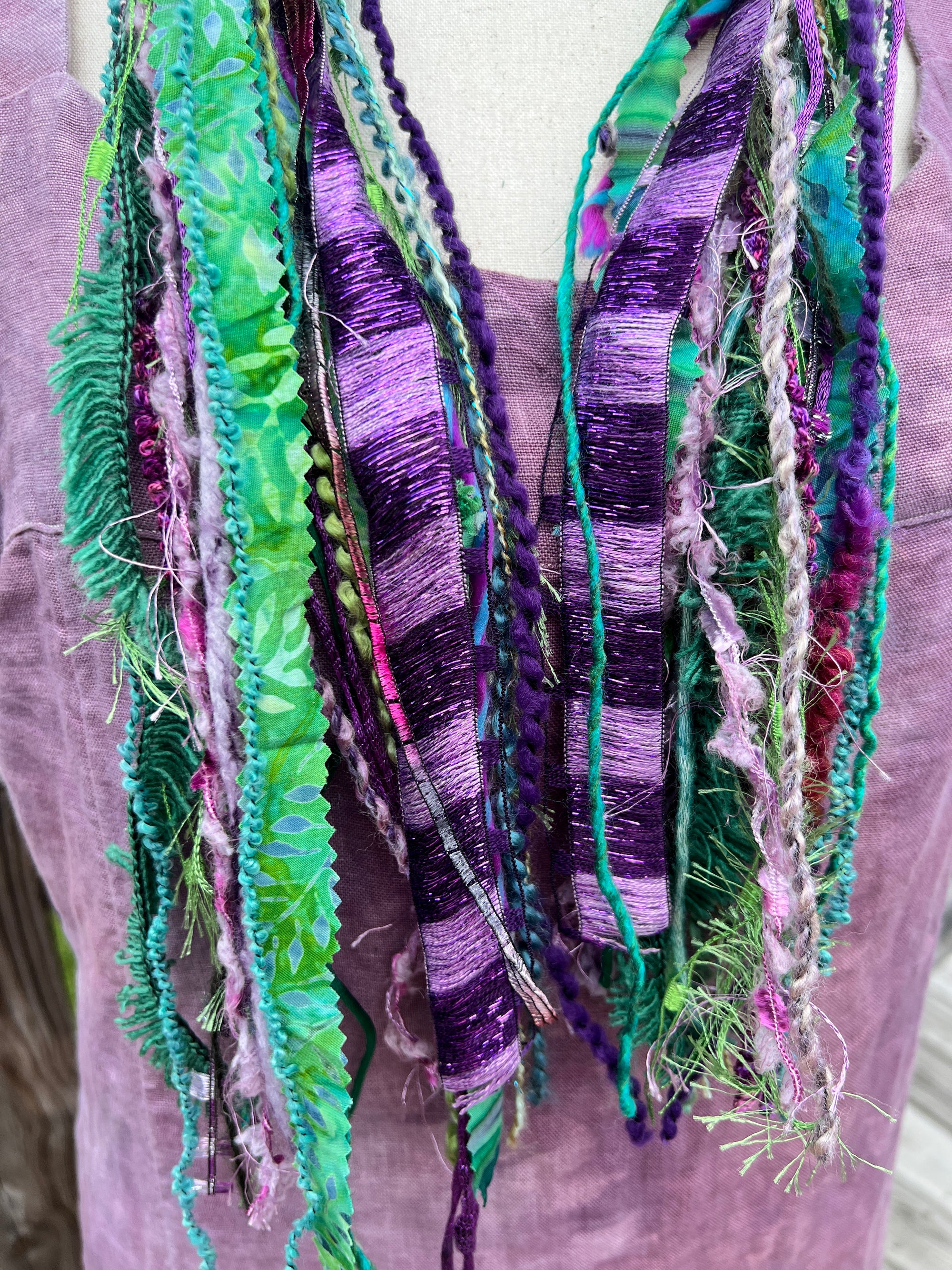 Yarn Scarf - In Purple and Green Novelty Yarns, Ribbons, fabric and a little sparkle