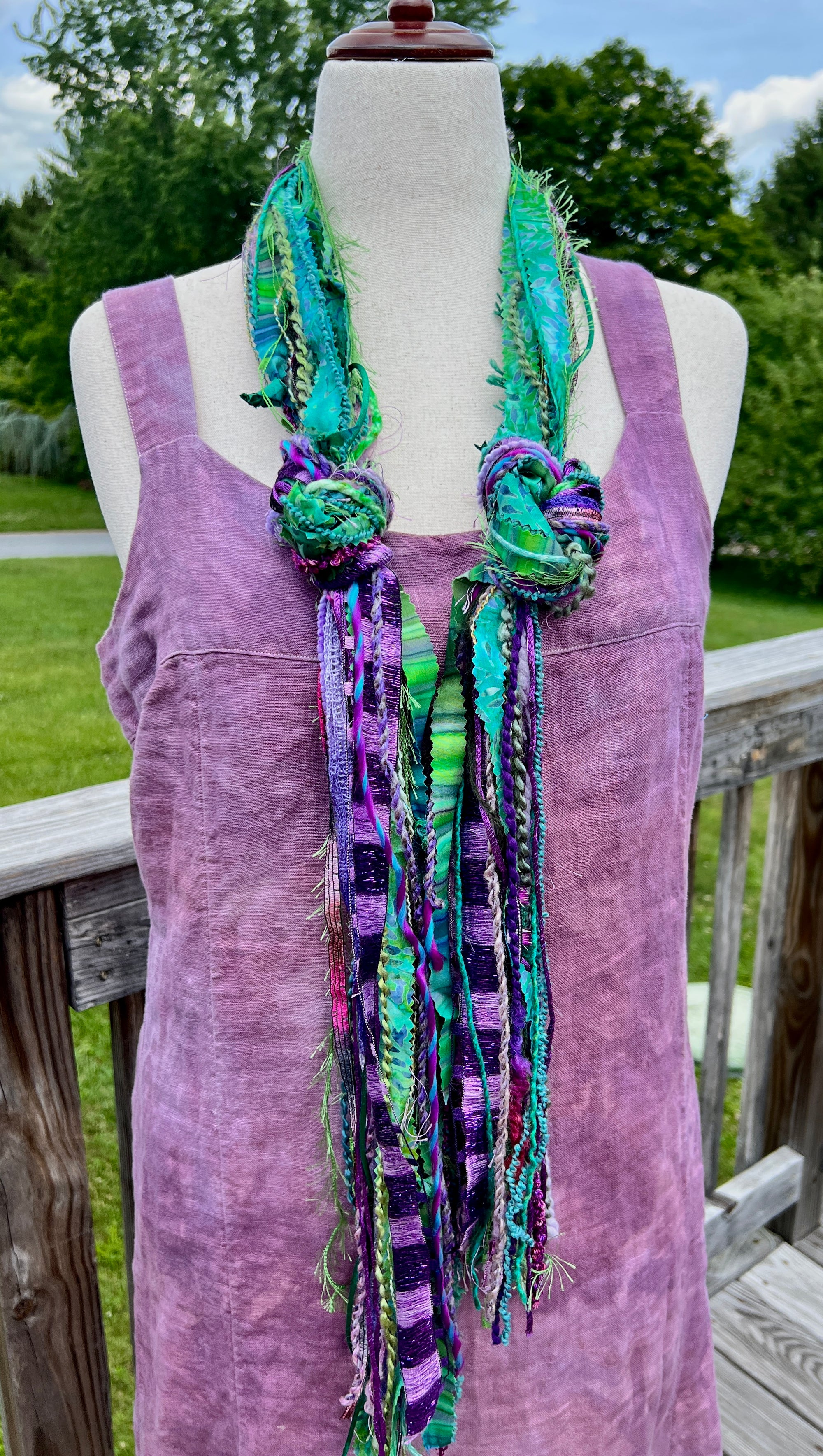 Yarn Scarf - In Purple and Green Novelty Yarns, Ribbons, fabric and a little sparkle