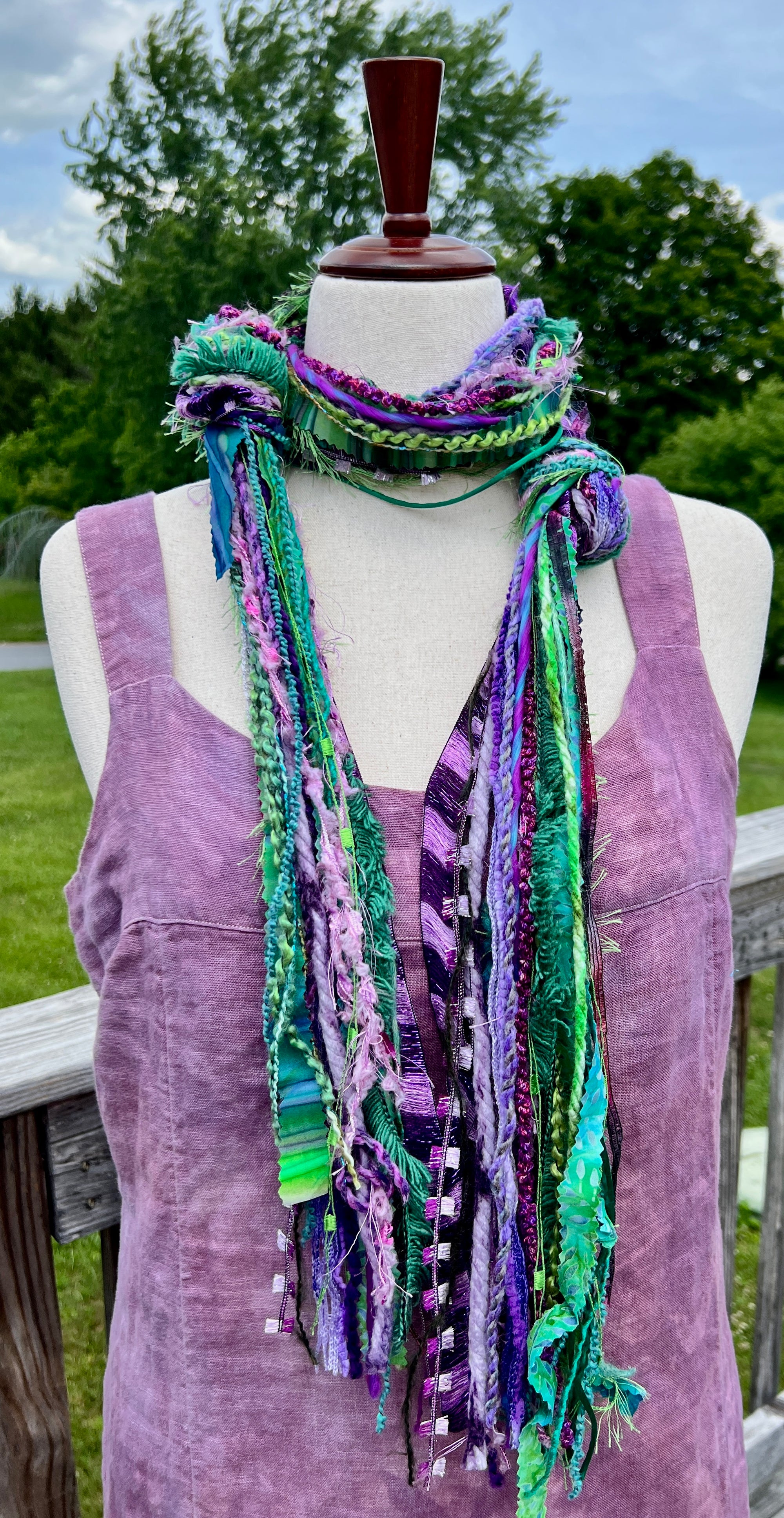 Yarn Scarf - In Purple and Green Novelty Yarns, Ribbons, fabric and a little sparkle (#2)