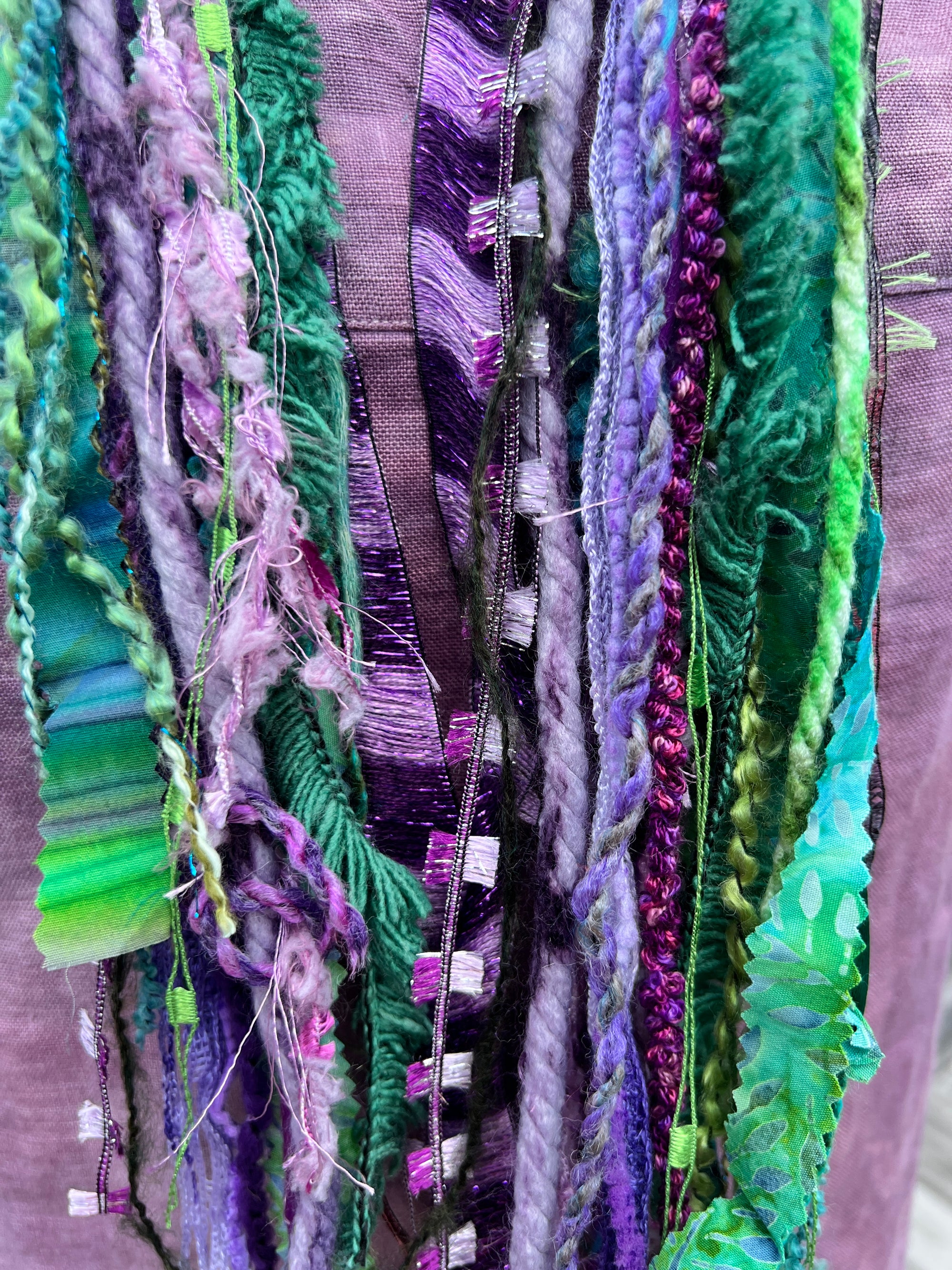 Yarn Scarf - In Purple and Green Novelty Yarns, Ribbons, fabric and a little sparkle (#2)