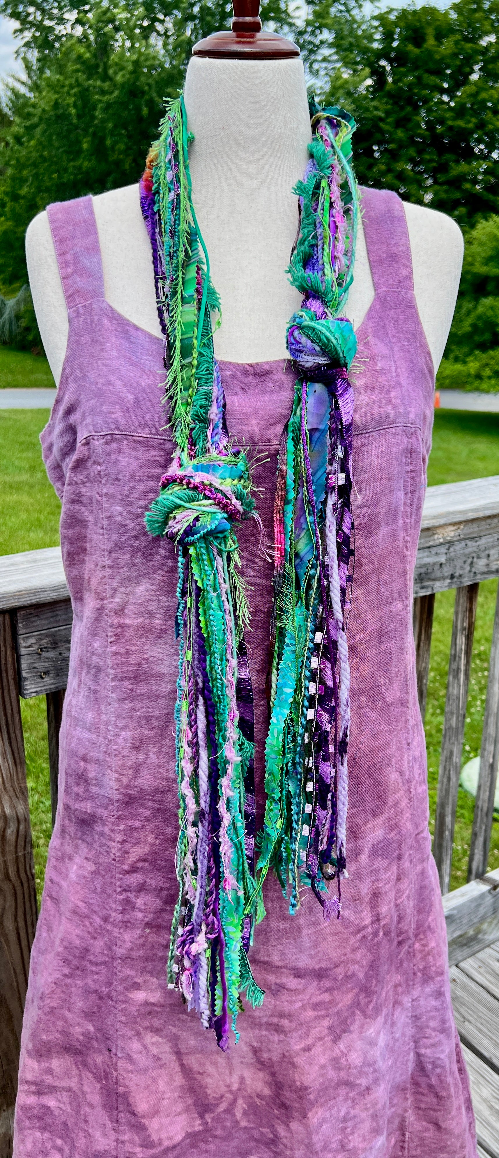 Yarn Scarf - In Purple and Green Novelty Yarns, Ribbons, fabric and a little sparkle (#2)