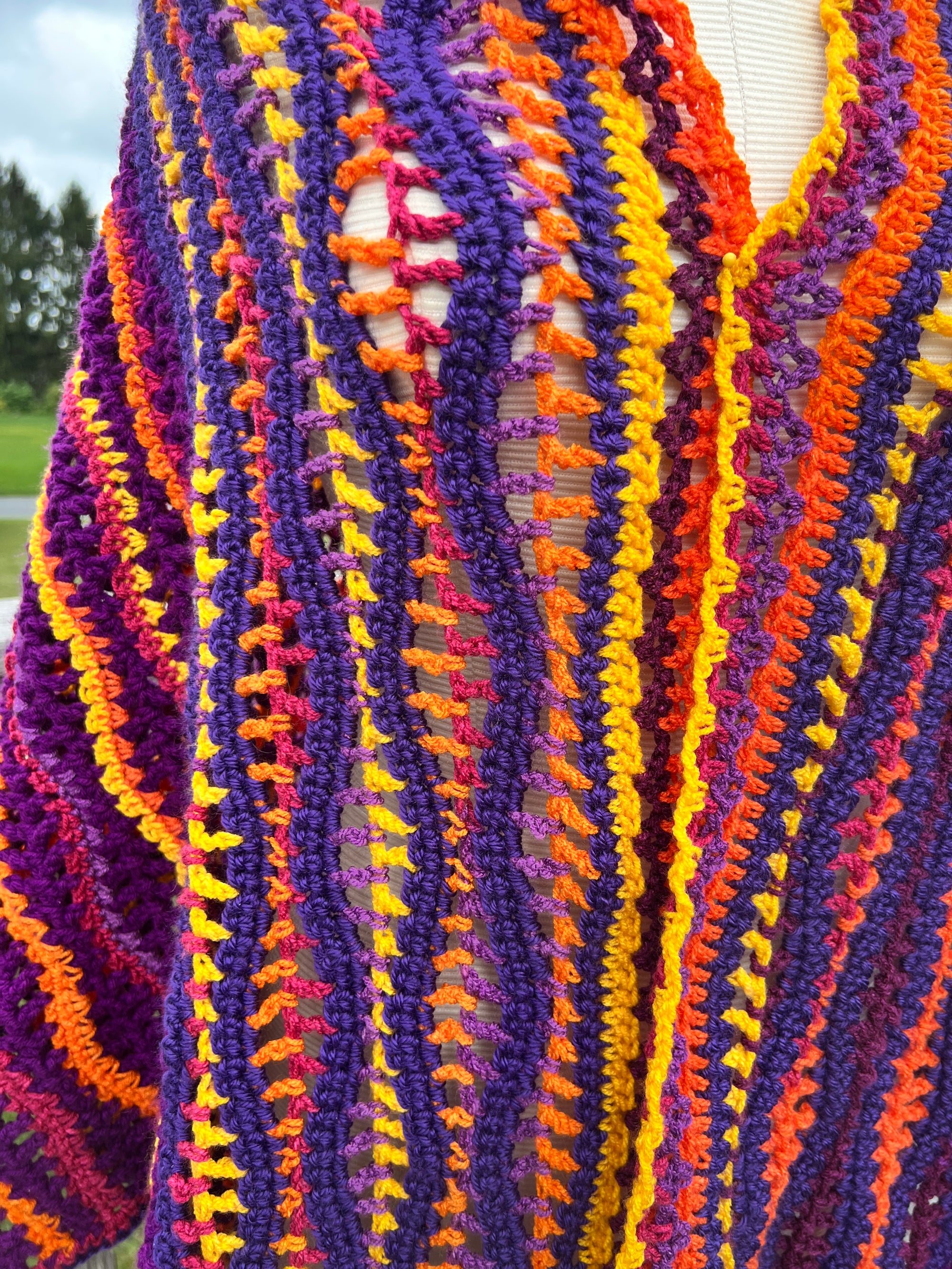 Fall/Winter Crocheted Full Tiered Shawl Large/XL Purple Maroon Orange Yellow