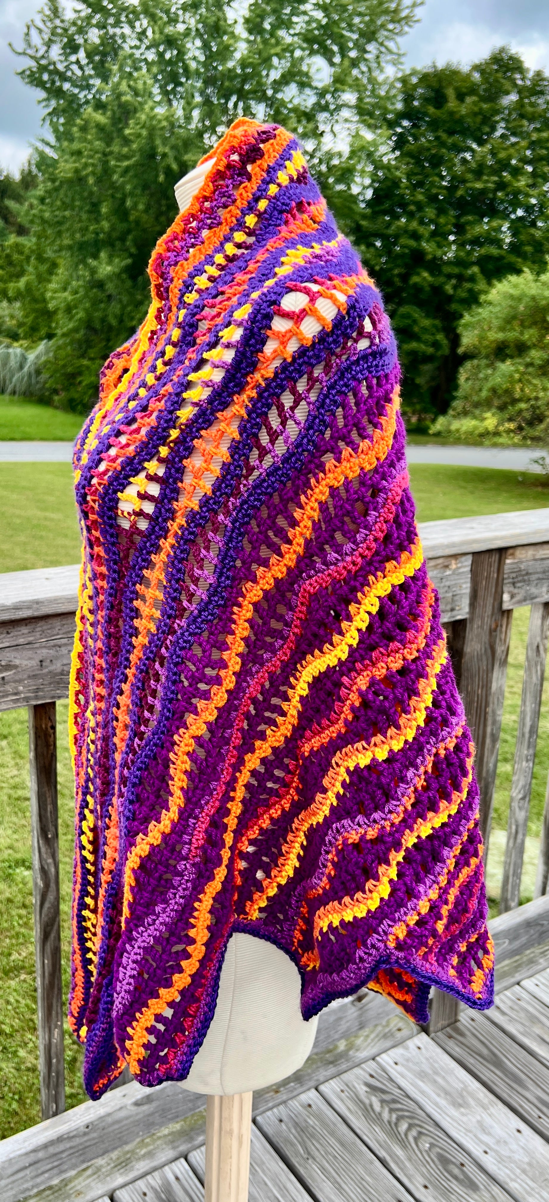Fall/Winter Crocheted Full Tiered Shawl Large/XL Purple Maroon Orange Yellow
