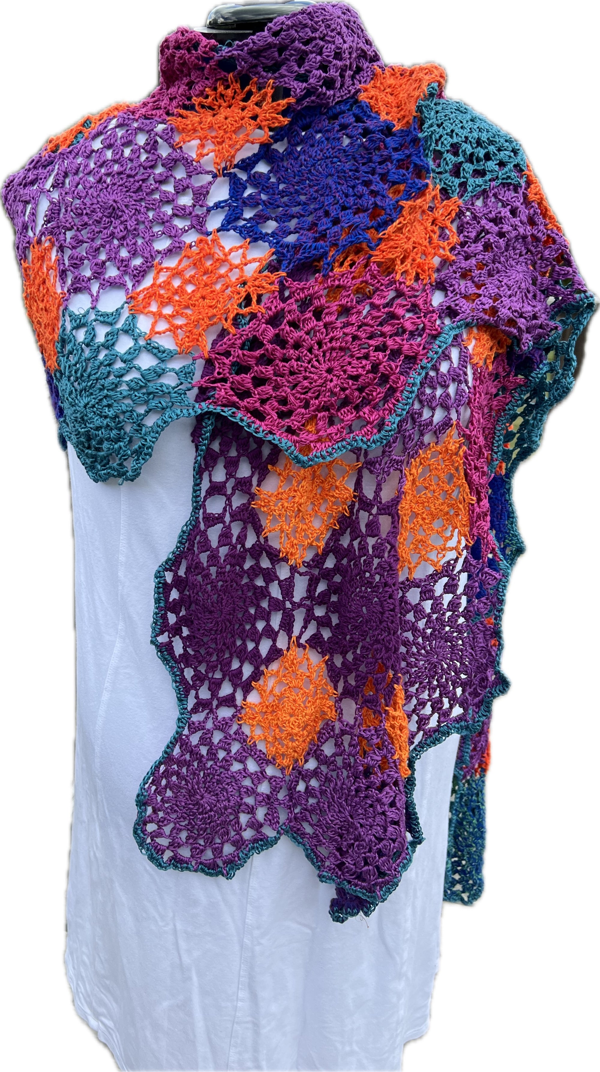 Summer Shawl Open Crochet Magenta, Coral, Blue and Purple