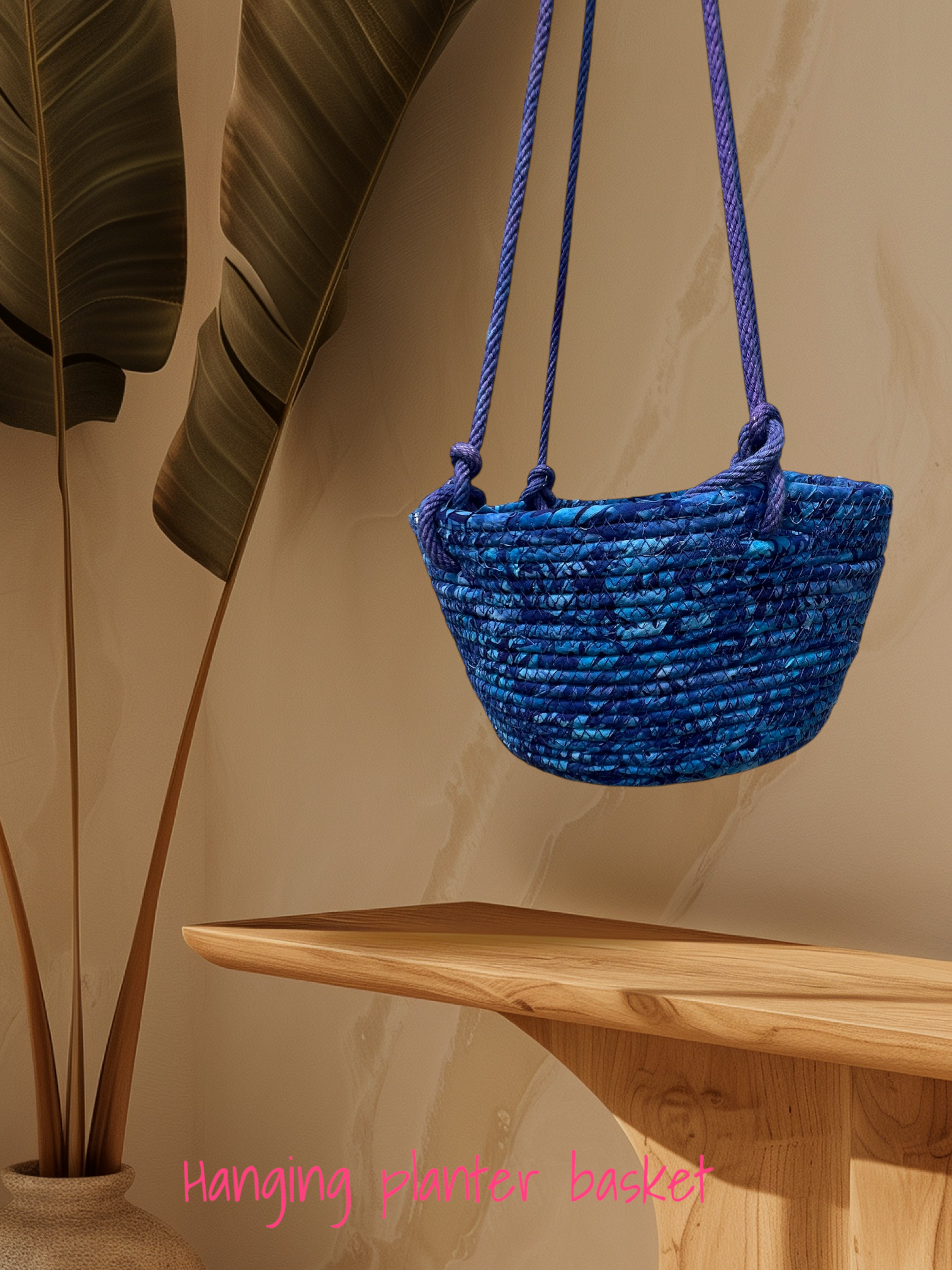 Coiled Rope Hanging Planter Blue Batik