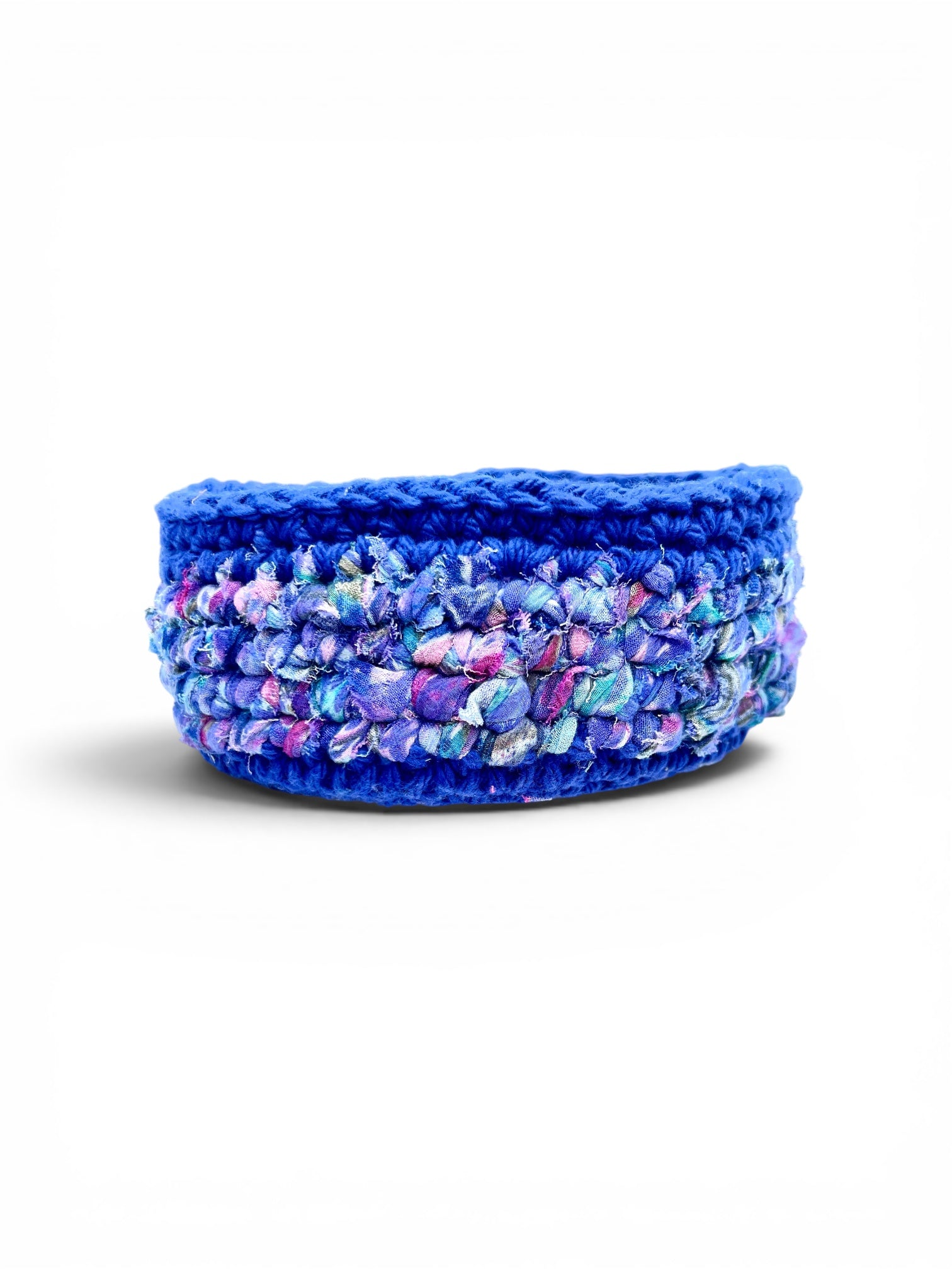 Crocheted Basket Blue Cotton with Muted Blue and Rose Accent
