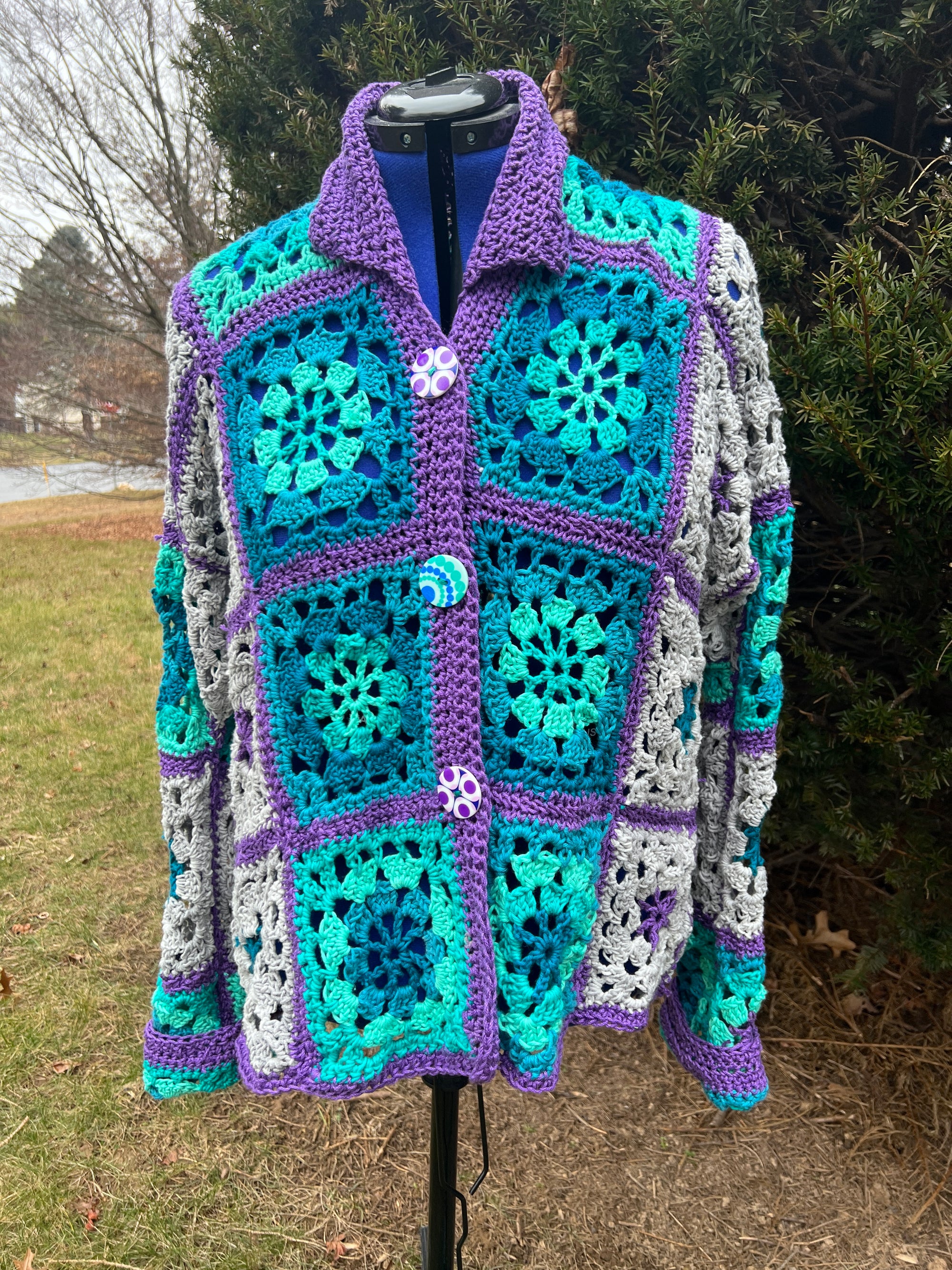 Turquoise Purple Gray Granny Square Jacket