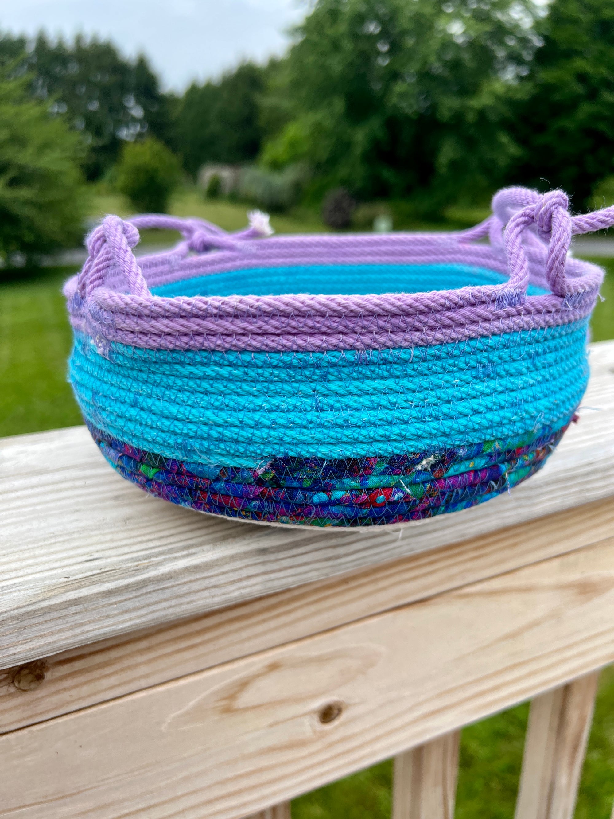 Hanging Basket Coiled Rope in Turquoise and Purple
