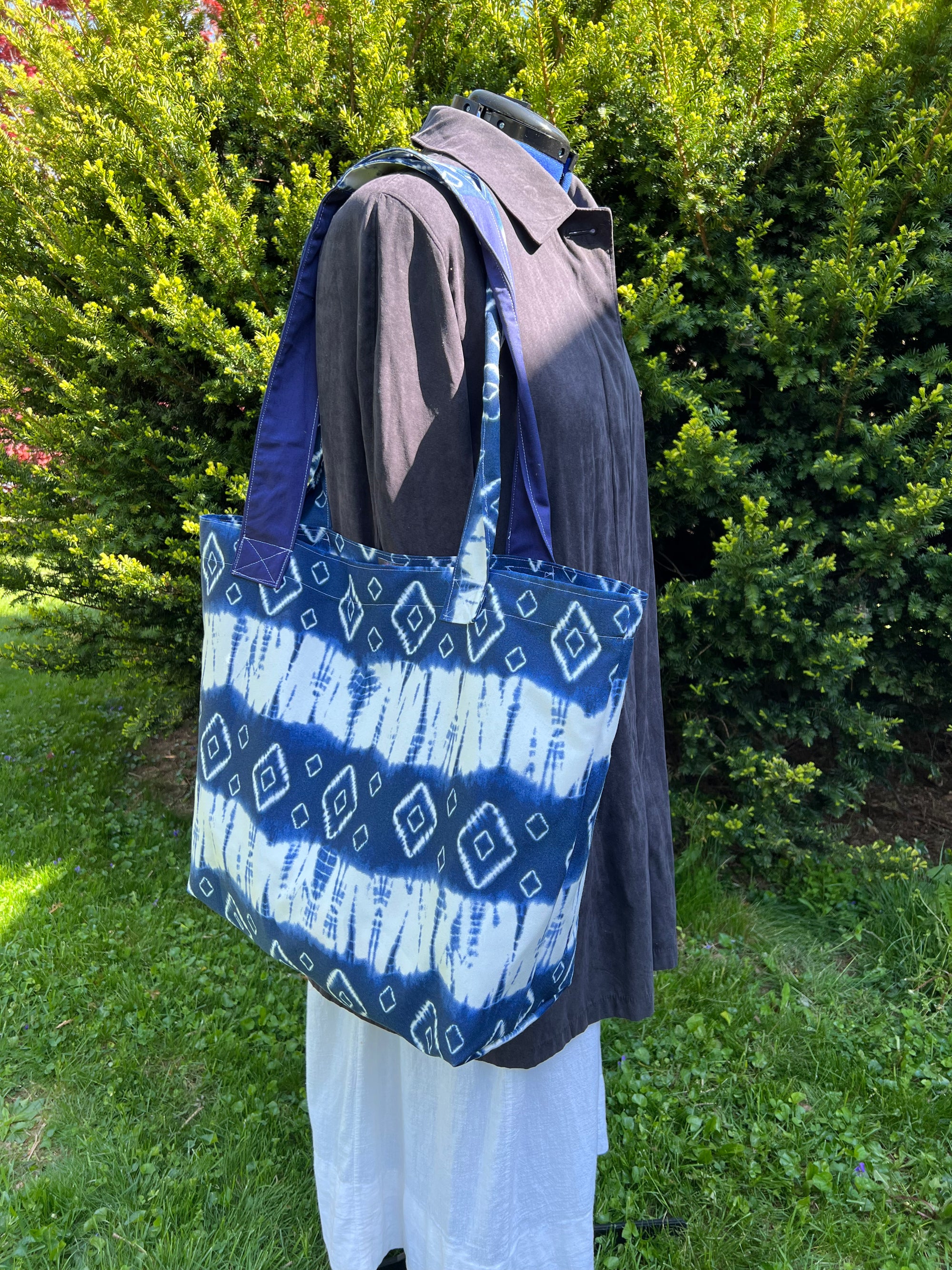 Grocery Market Tote Bag Waterproof Indigo Blue Shibori