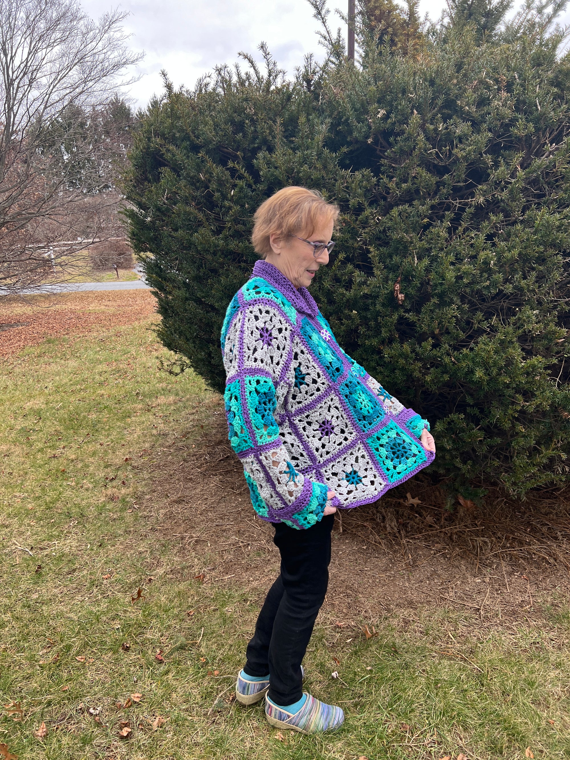 Turquoise Purple Gray Granny Square Jacket