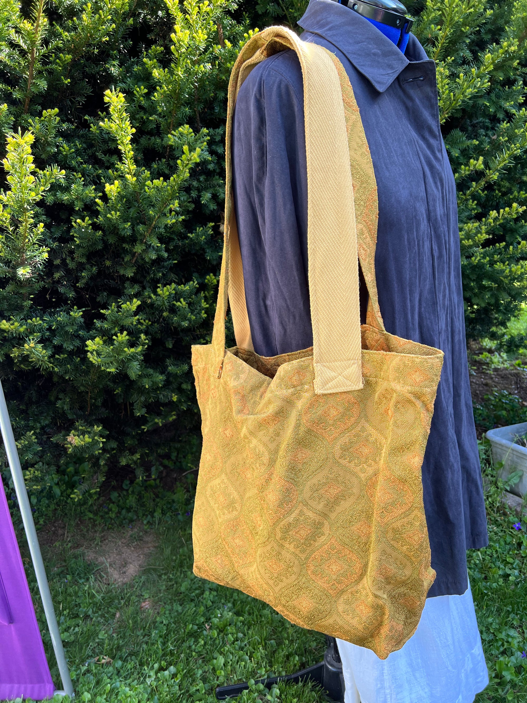 Carry All Grocery Market Tote Bag Vintage  Heavy Upholstery Mustard Yellow
