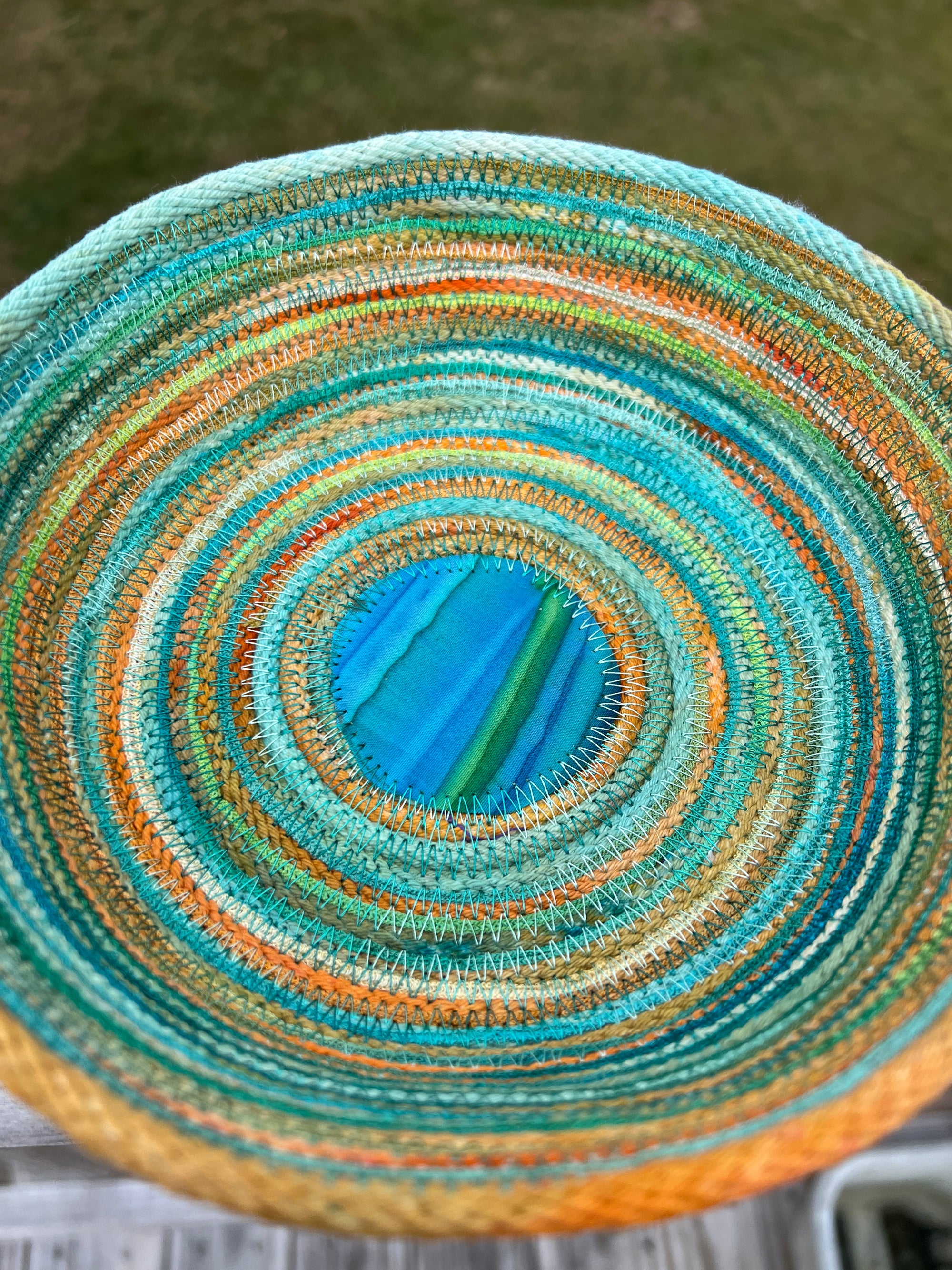 Coiled Rope Bowl Ice Dyed in Turquoise and Orange