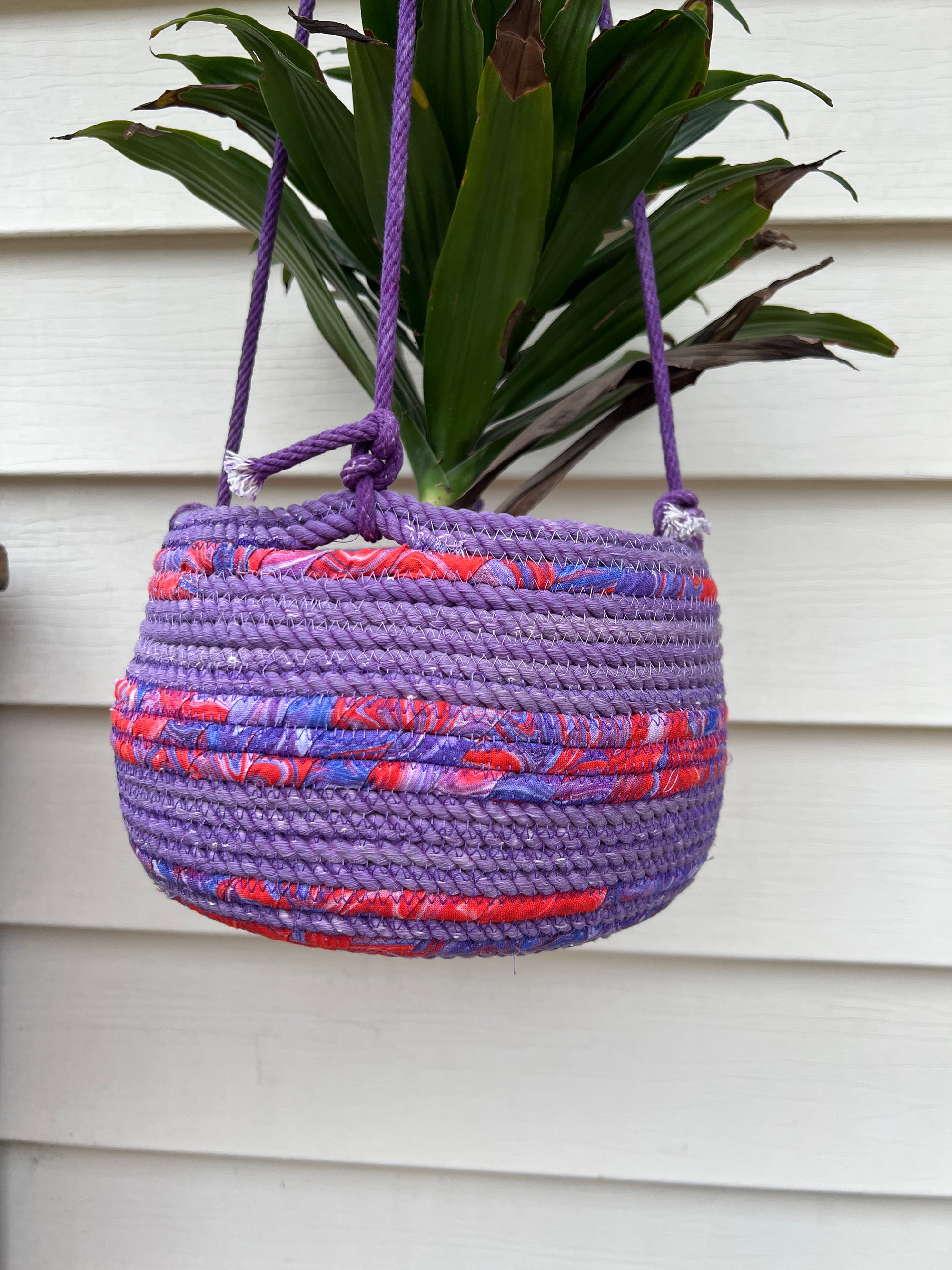 Coiled Rope Hanging Planter Basket Purple with Red Accent