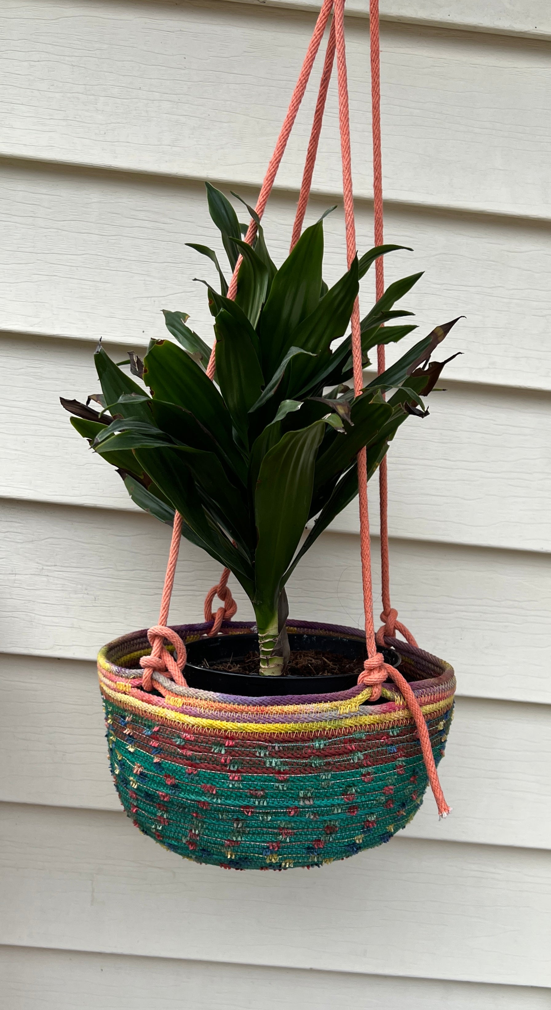 Hanging Planter Coiled Rope Green with Fuzzy Accents