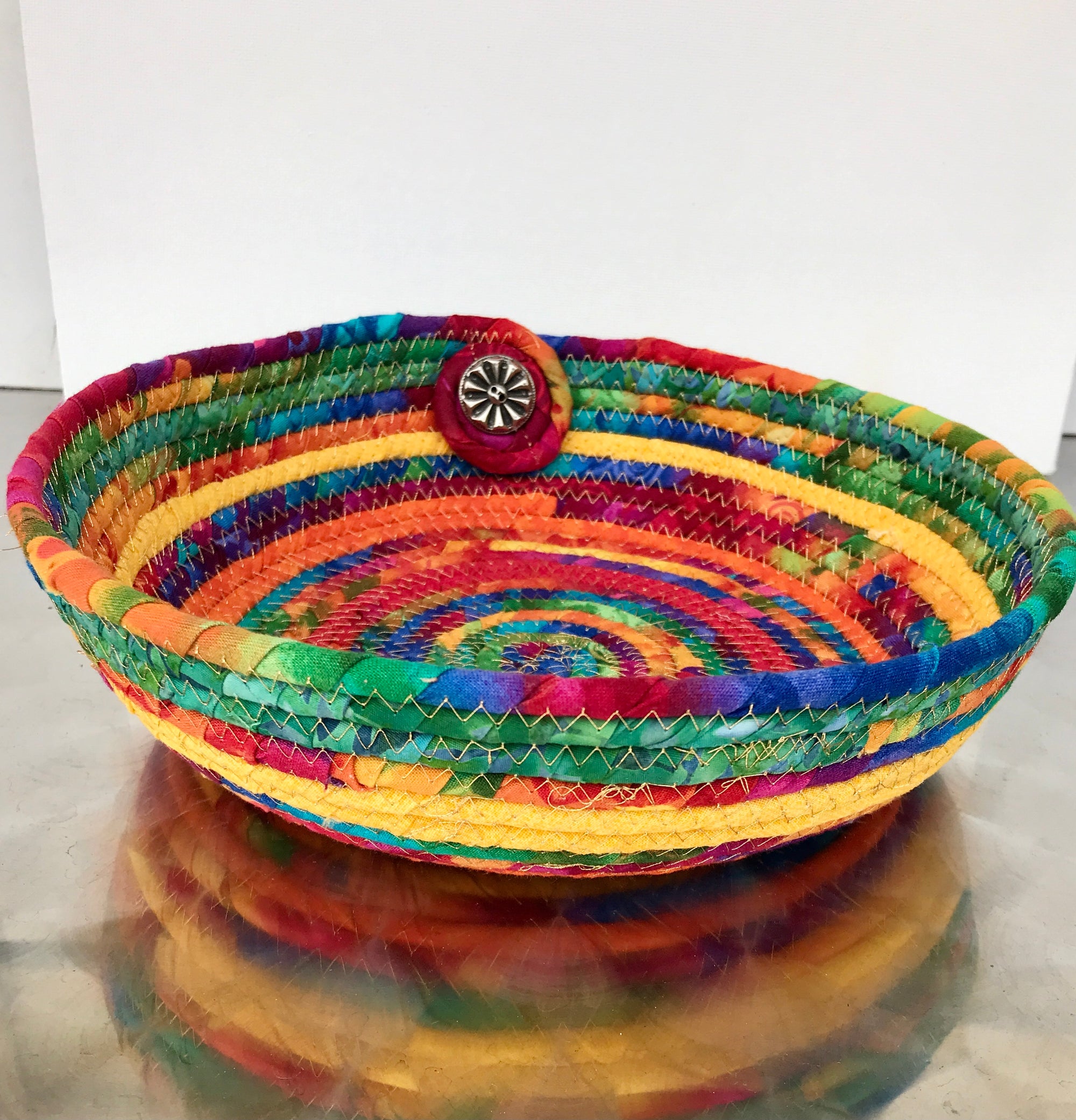 Coil Wrapped Basket Rainbow Catch All Bowl Metal Button Accent