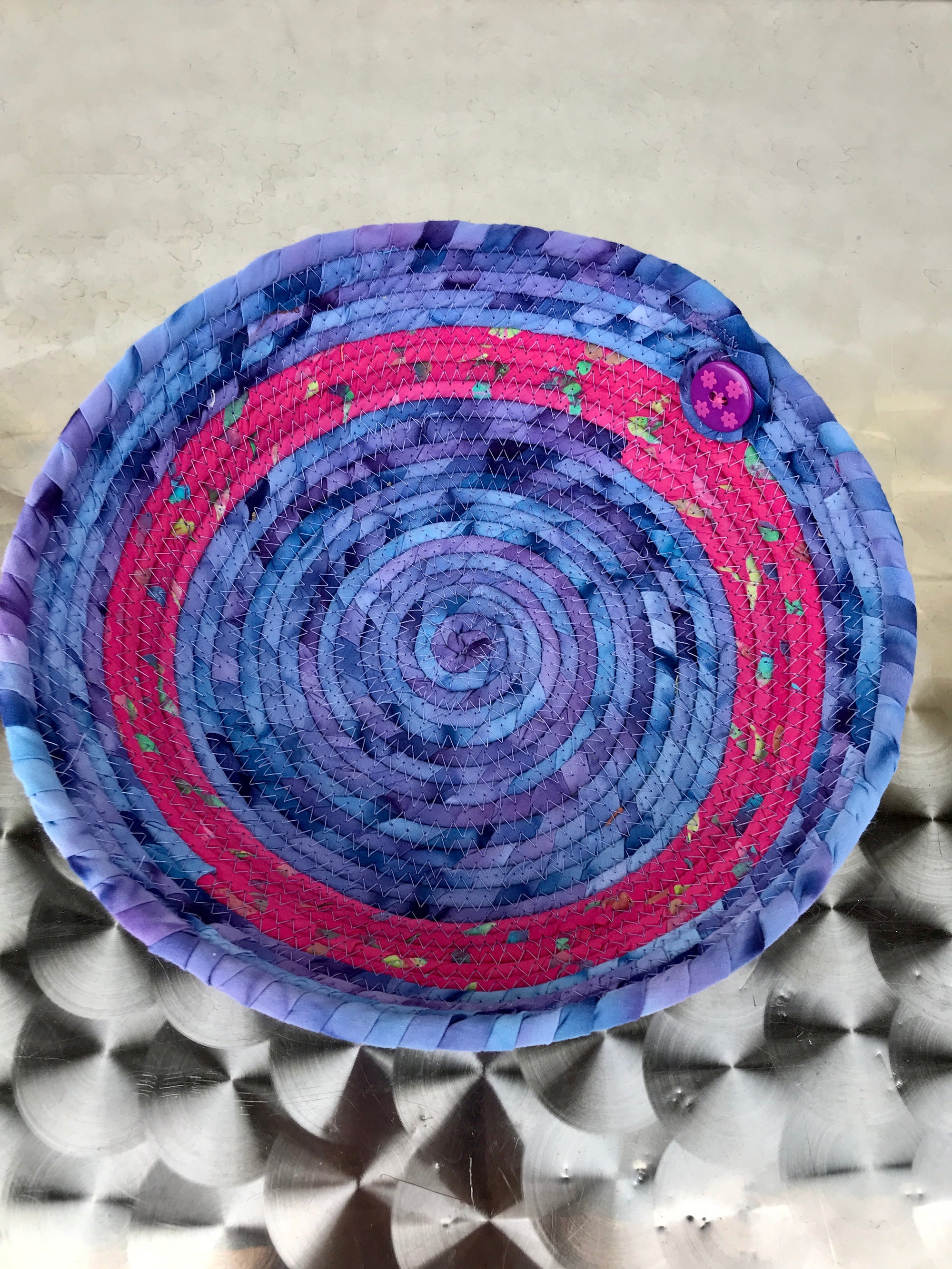 Fabric Coil Wrapped Basket Purple and Pink Batik
