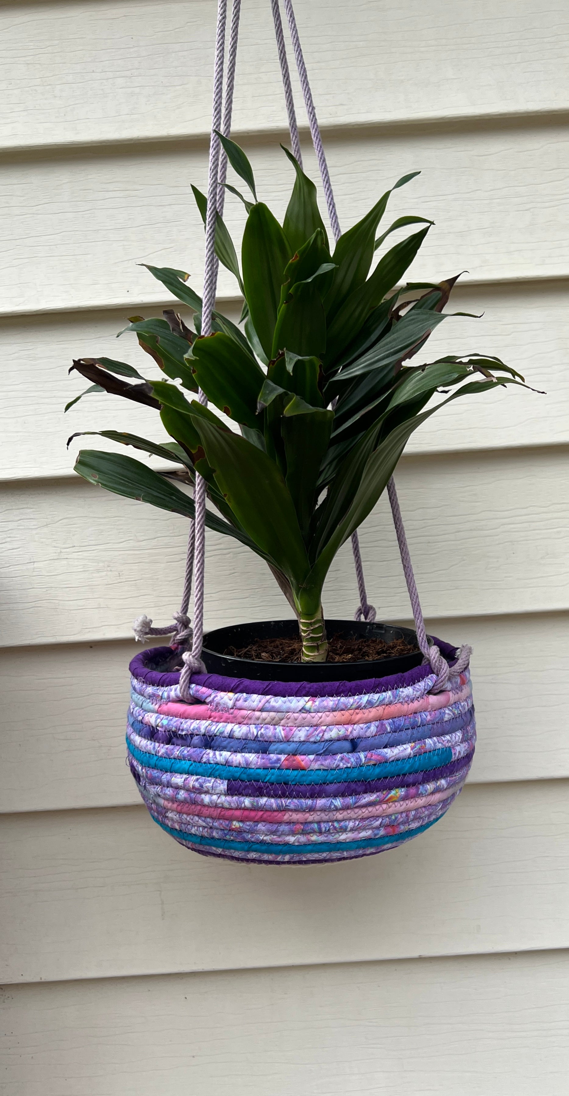 Coiled Rope Hanging Planter Basket Pastels in Turquoise Pink and Purples