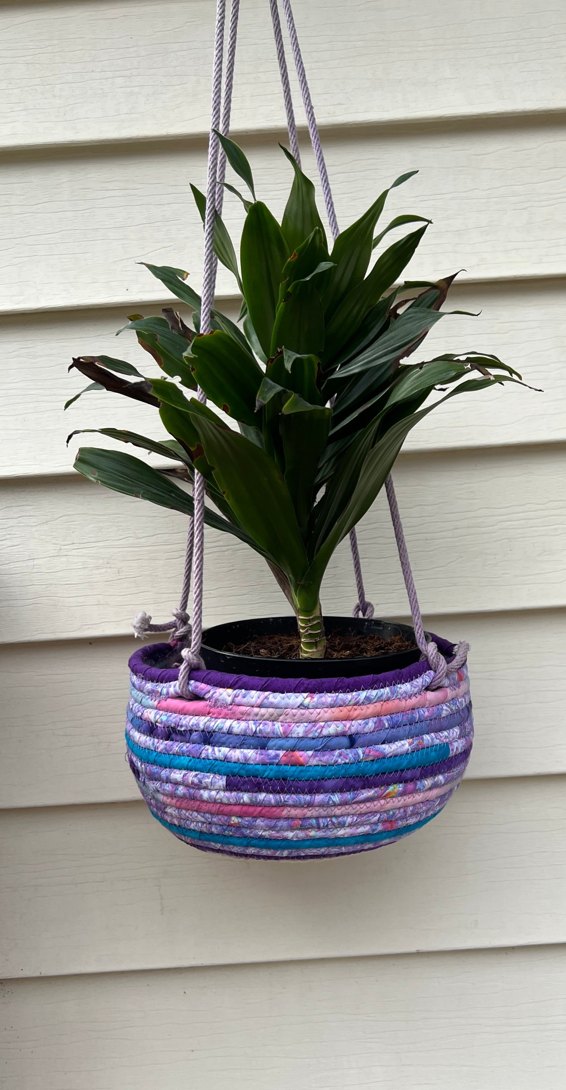 turquoise hanging planter Coiled Rope Hanging Planter Basket Pastels in Turquoise Pink and Purpl