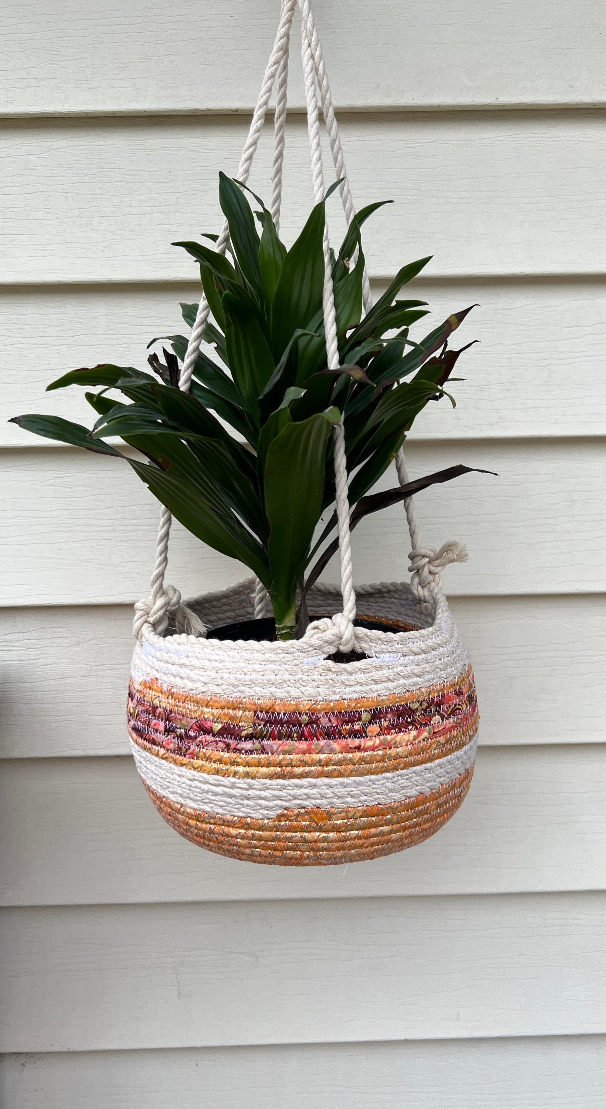 Hanging Planter Light Orange with Gold Accents Coiled Rope Basket