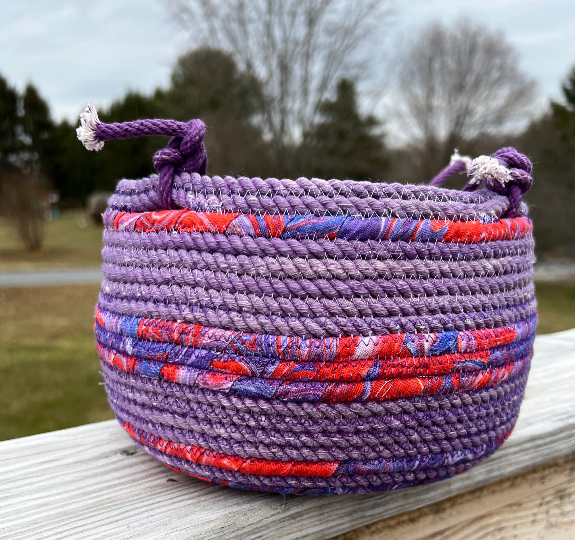 Coiled Rope Hanging Planter Basket Purple with Red Accent