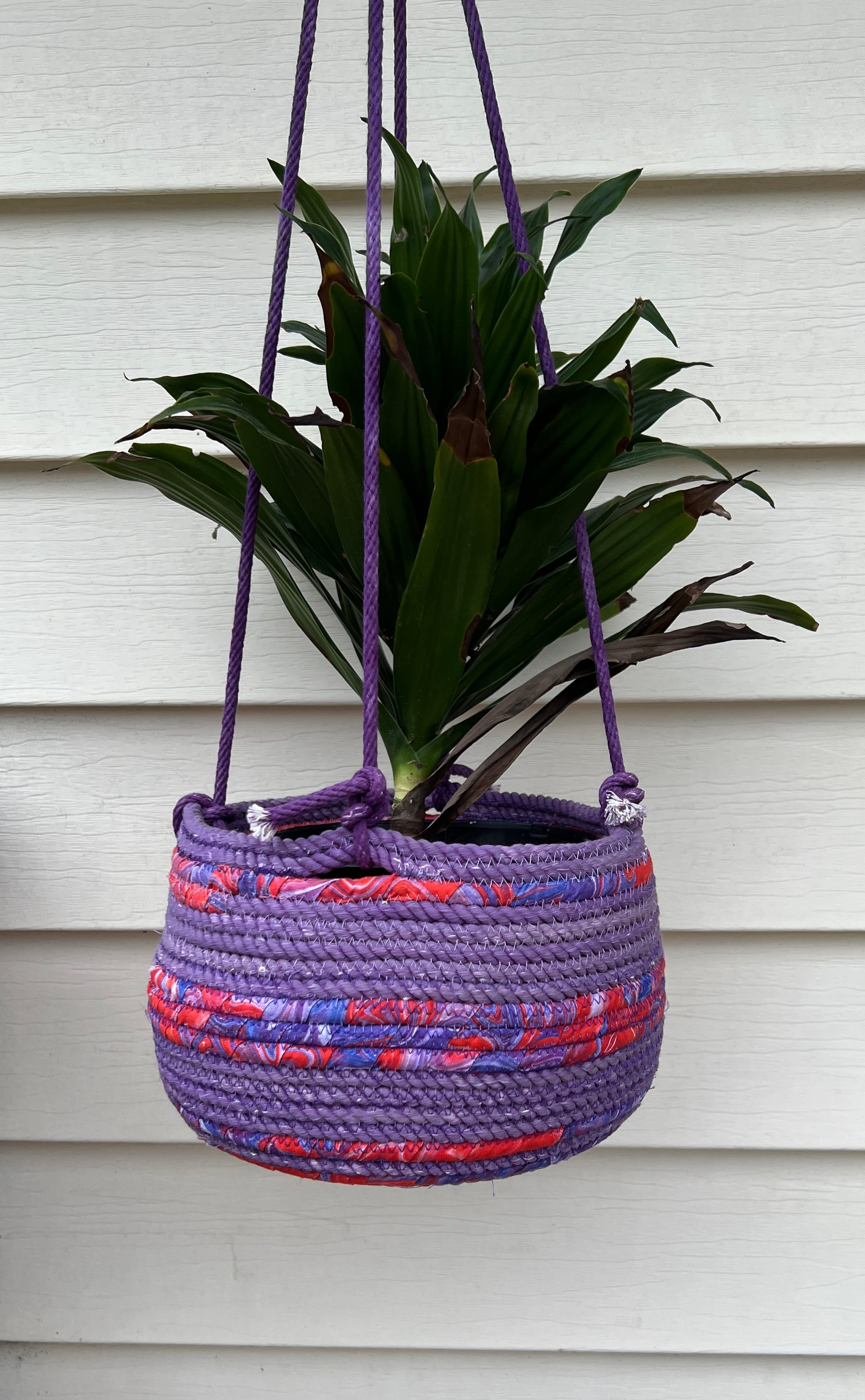 rope hanging baskets for plants Coiled Rope Hanging Planter Basket Purple with Red Accent