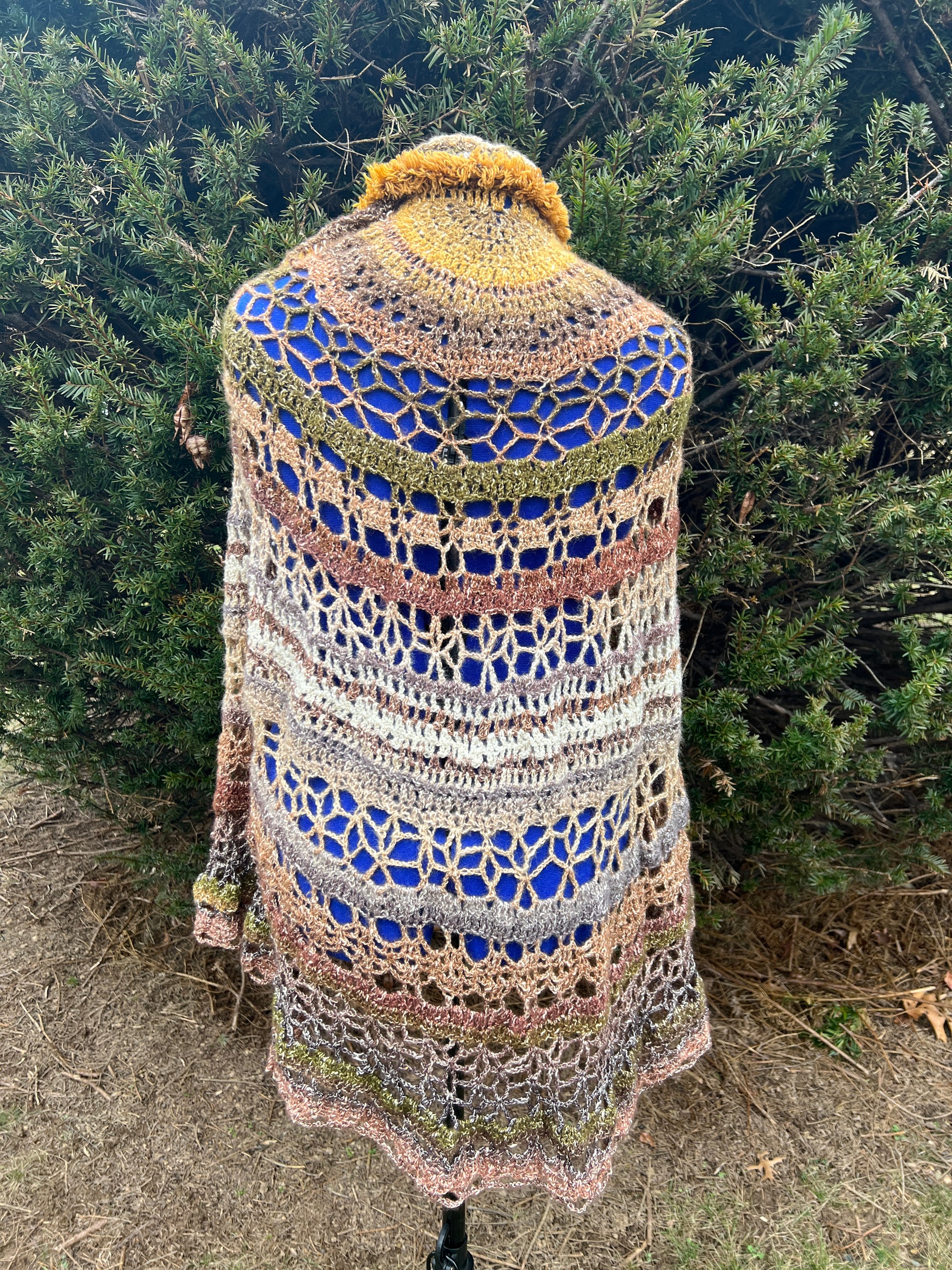 Gold Brown Mustard Crochet Open Weave Metallic Cape