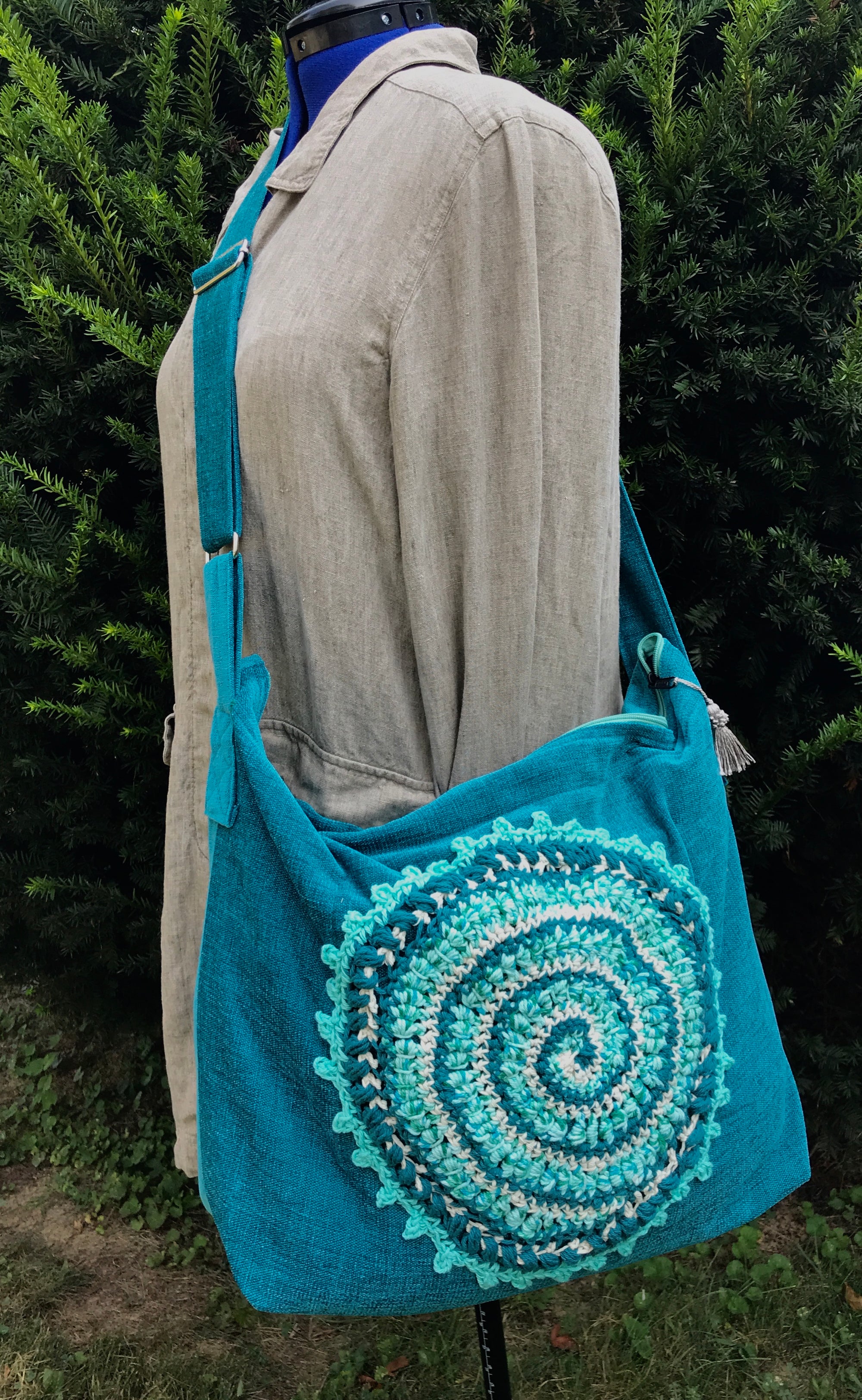 Large Tote Bag Weekender Teal Blue Mandala Accent