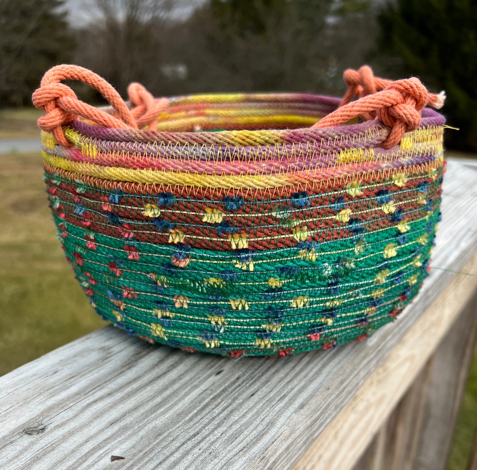 Hanging Planter Coiled Rope Green with Fuzzy Accents