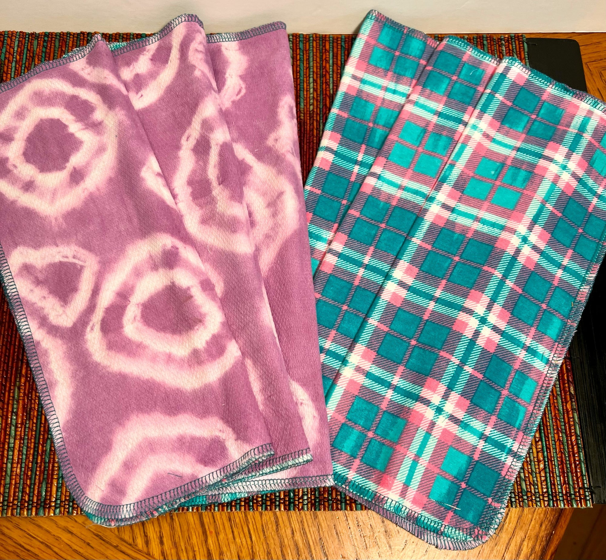 Premium Non Paper Towels Napkins with Hand Dyed Fabric and Turquoise and Pink Plaid 10" x 12"