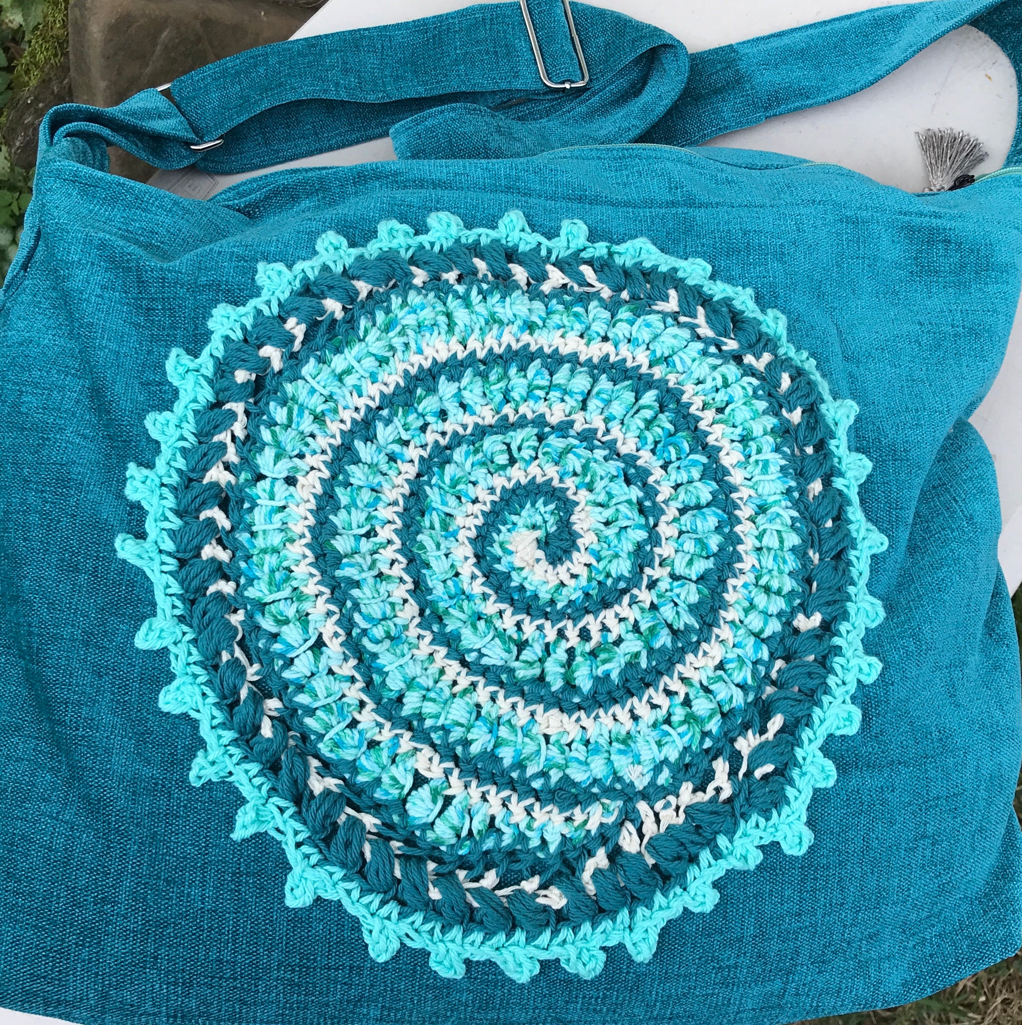 Large Tote Bag Weekender Teal Blue Mandala Accent