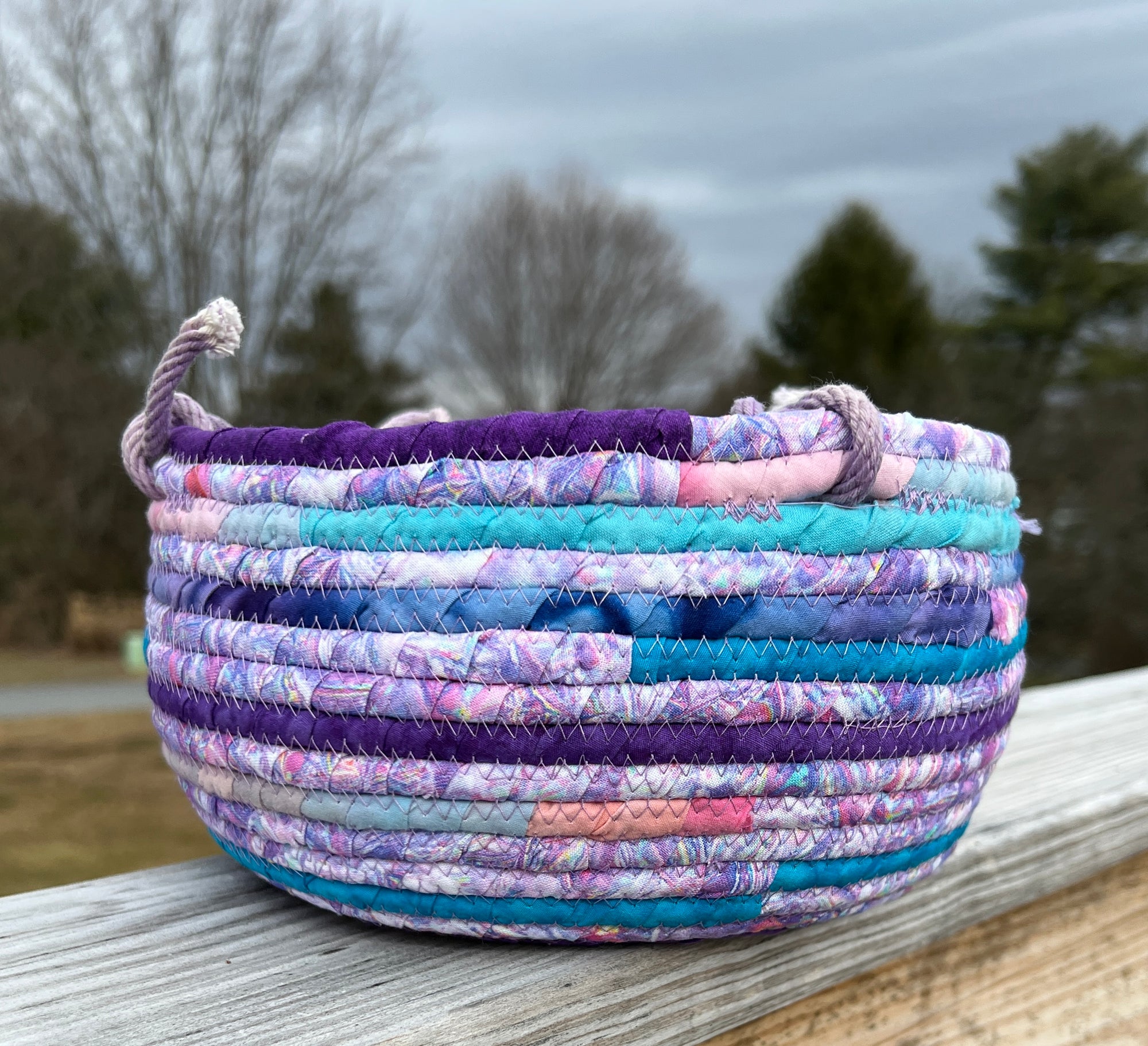 Coiled Rope Hanging Planter Basket Pastels in Turquoise Pink and Purples