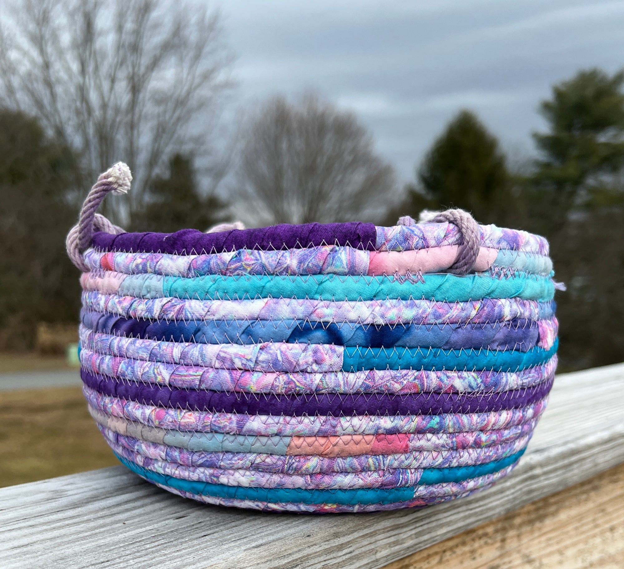 turquoise hanging planter Coiled Rope Hanging Planter Basket Pastels in Turquoise Pink and Purpl