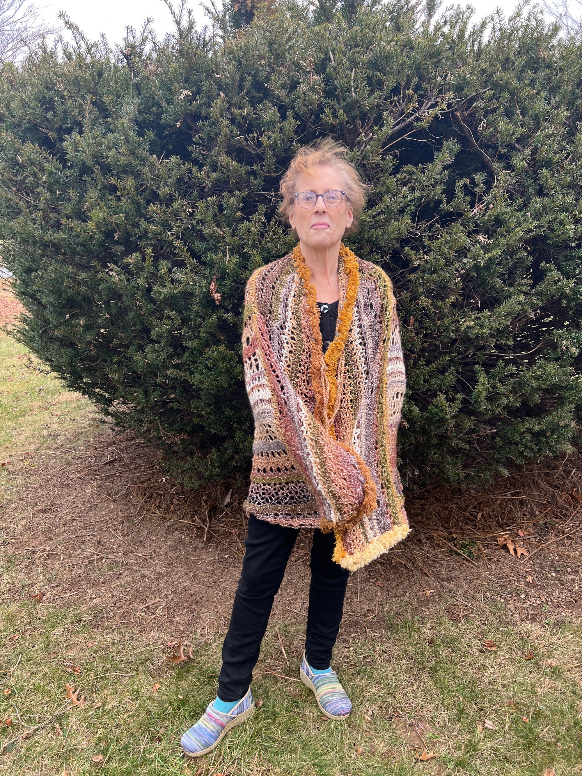 Gold Brown Mustard Crochet Open Weave Metallic Cape