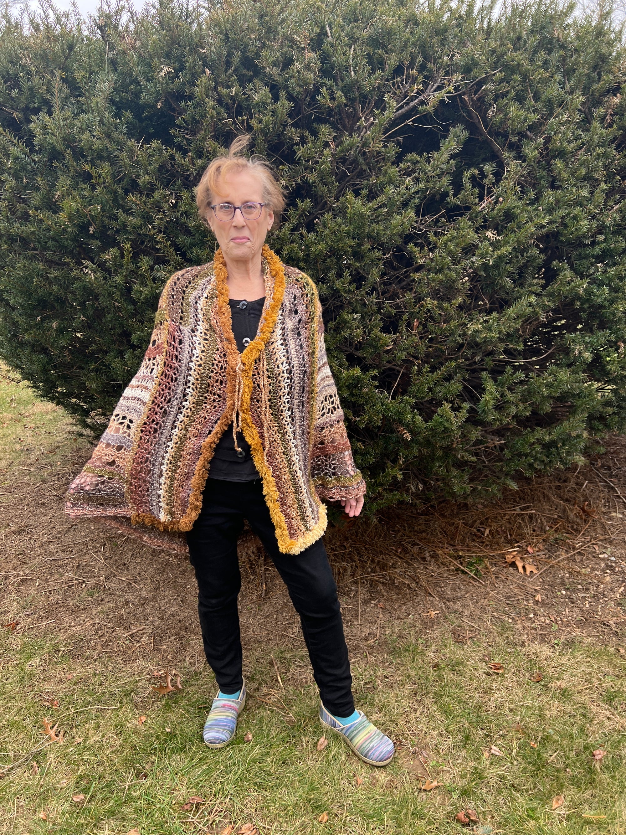 Gold Brown Mustard Crochet Open Weave Metallic Cape