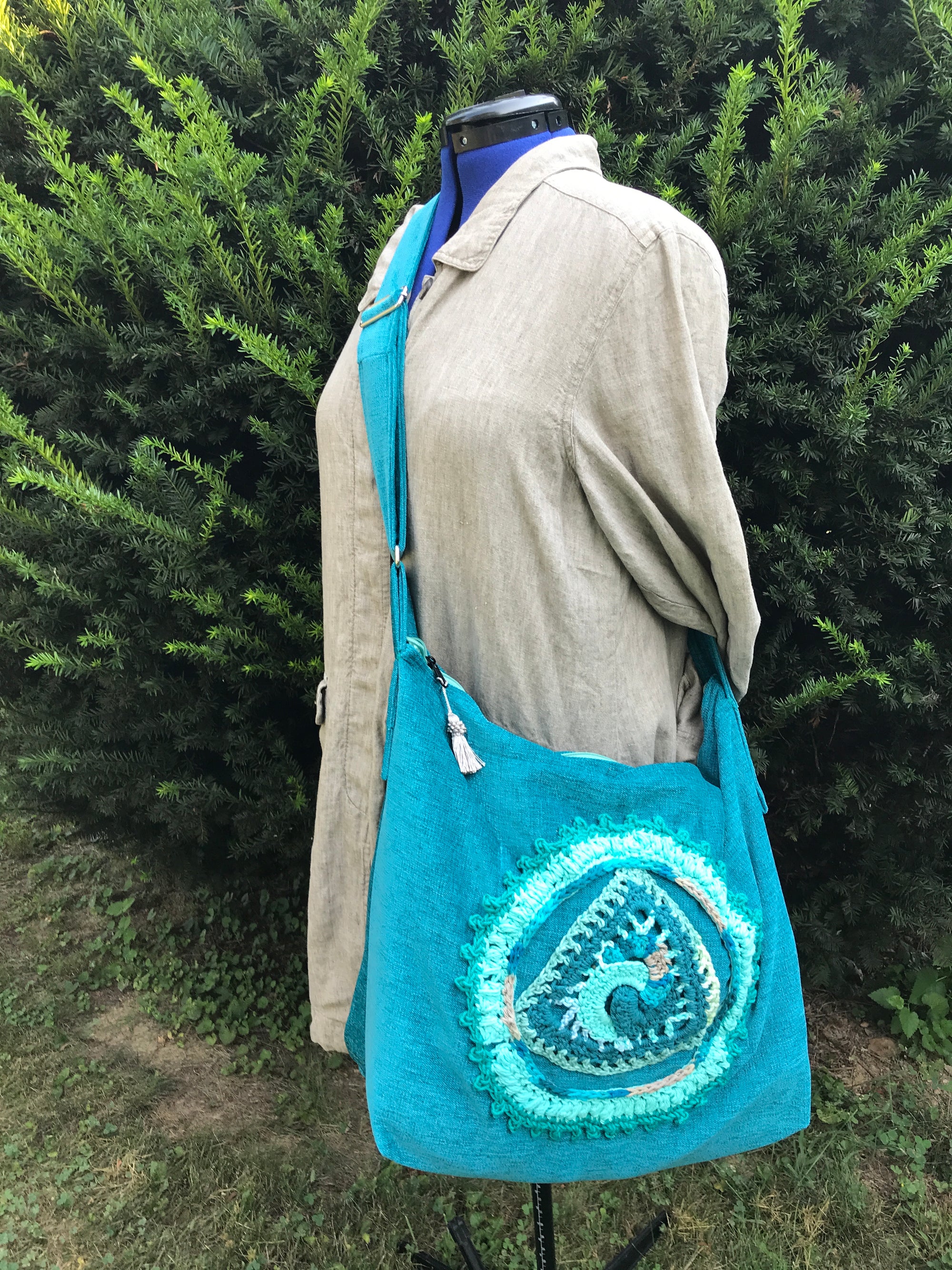 Large Tote Bag Weekender Teal Blue Crochet Accent