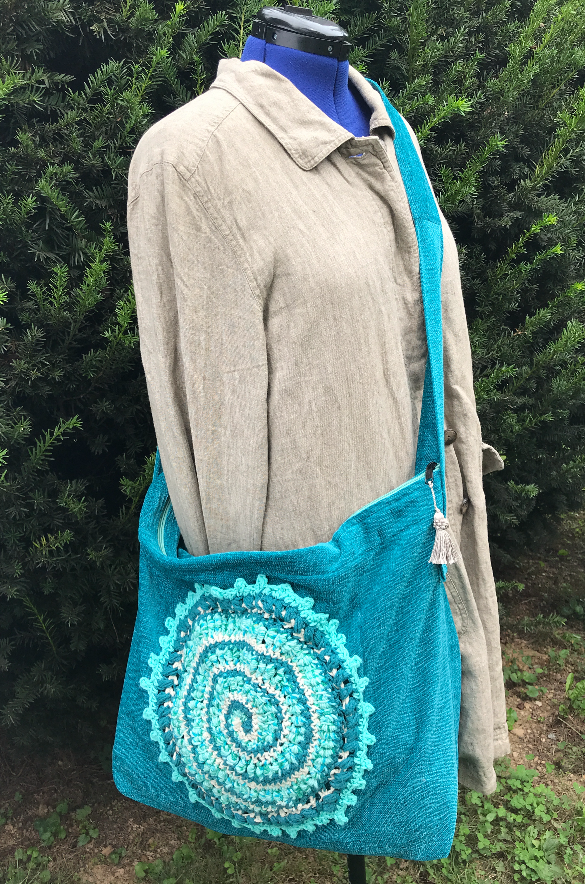 Large Tote Bag Weekender Teal Blue Mandala Accent