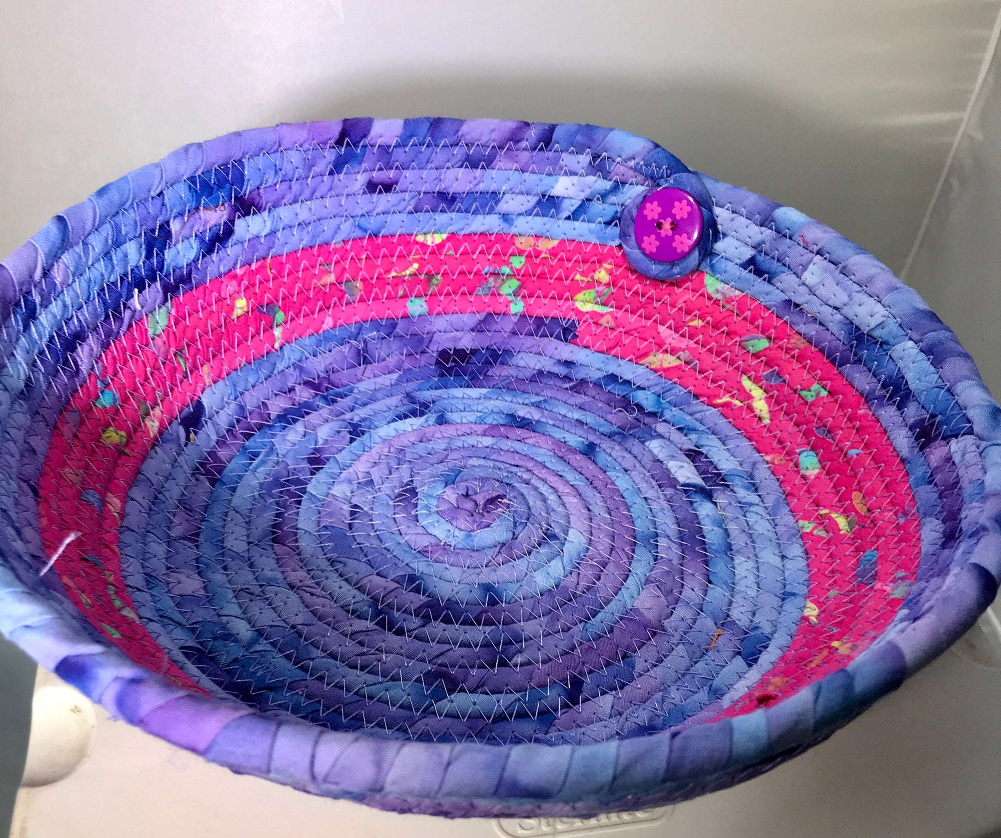 Fabric Coil Wrapped Basket Purple and Pink Batik