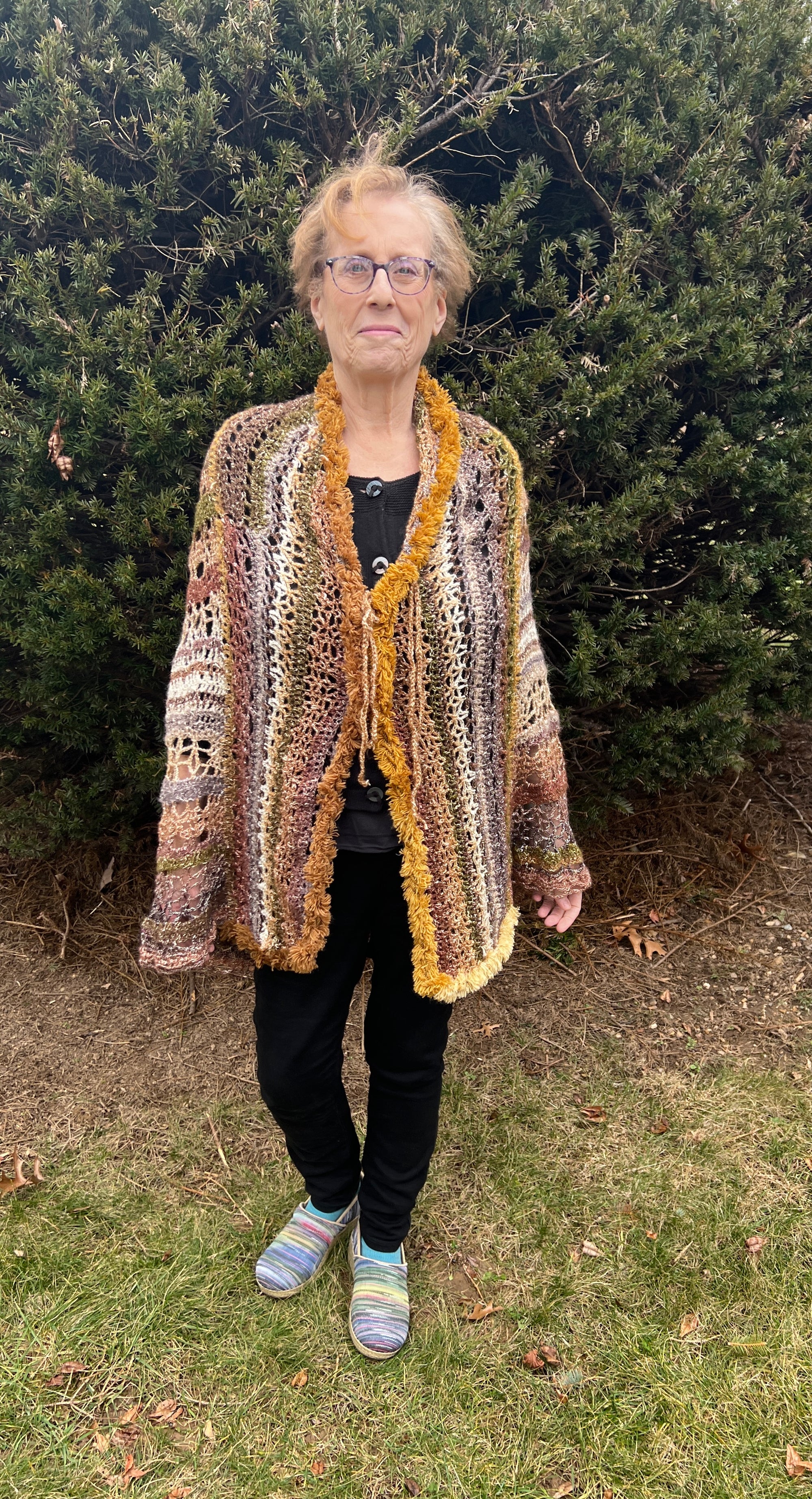 Gold Brown Mustard Crochet Open Weave Metallic Cape