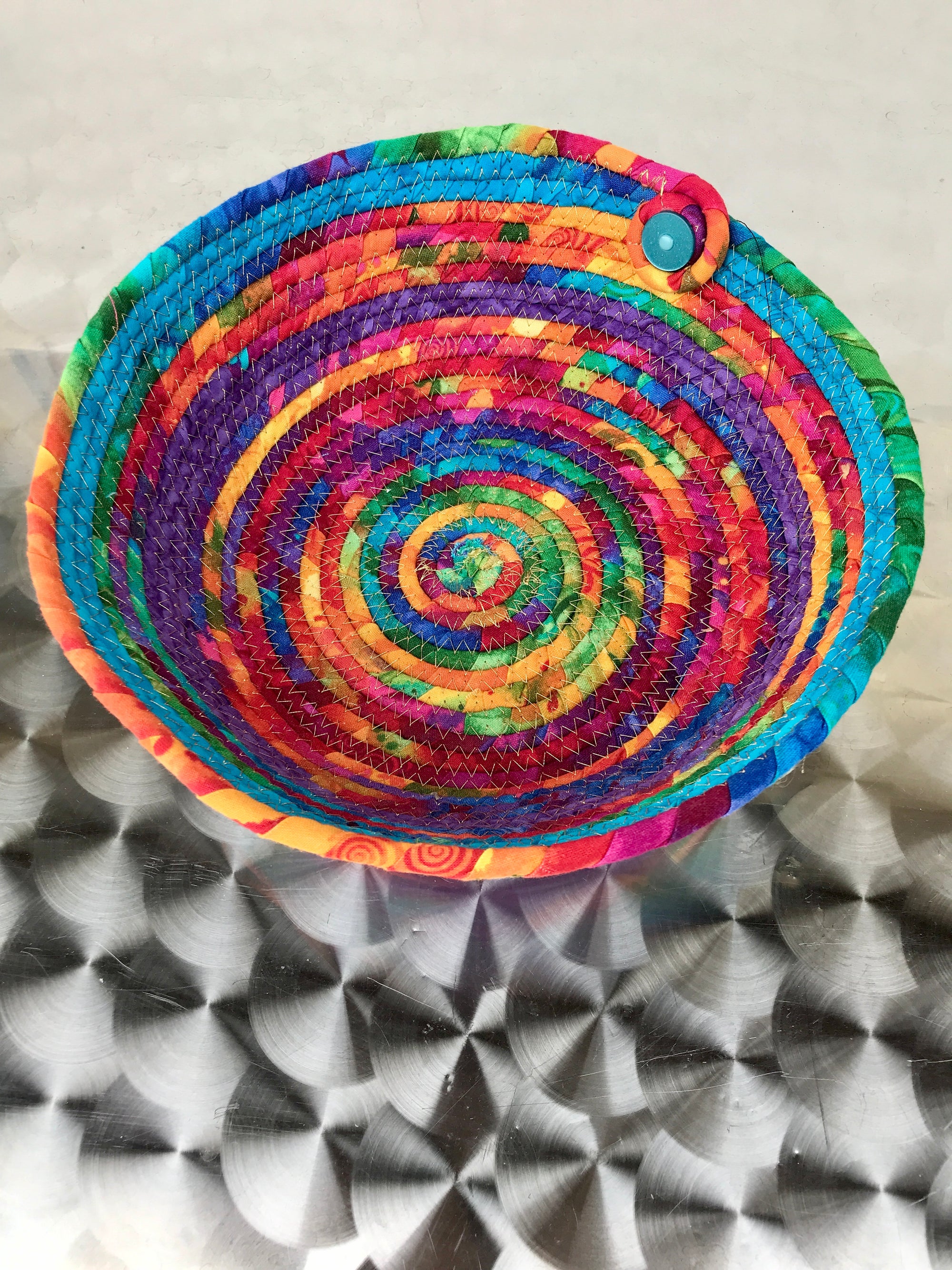 Coil Wrapped Basket Rainbow Catch All Bowl Blue Button Accent