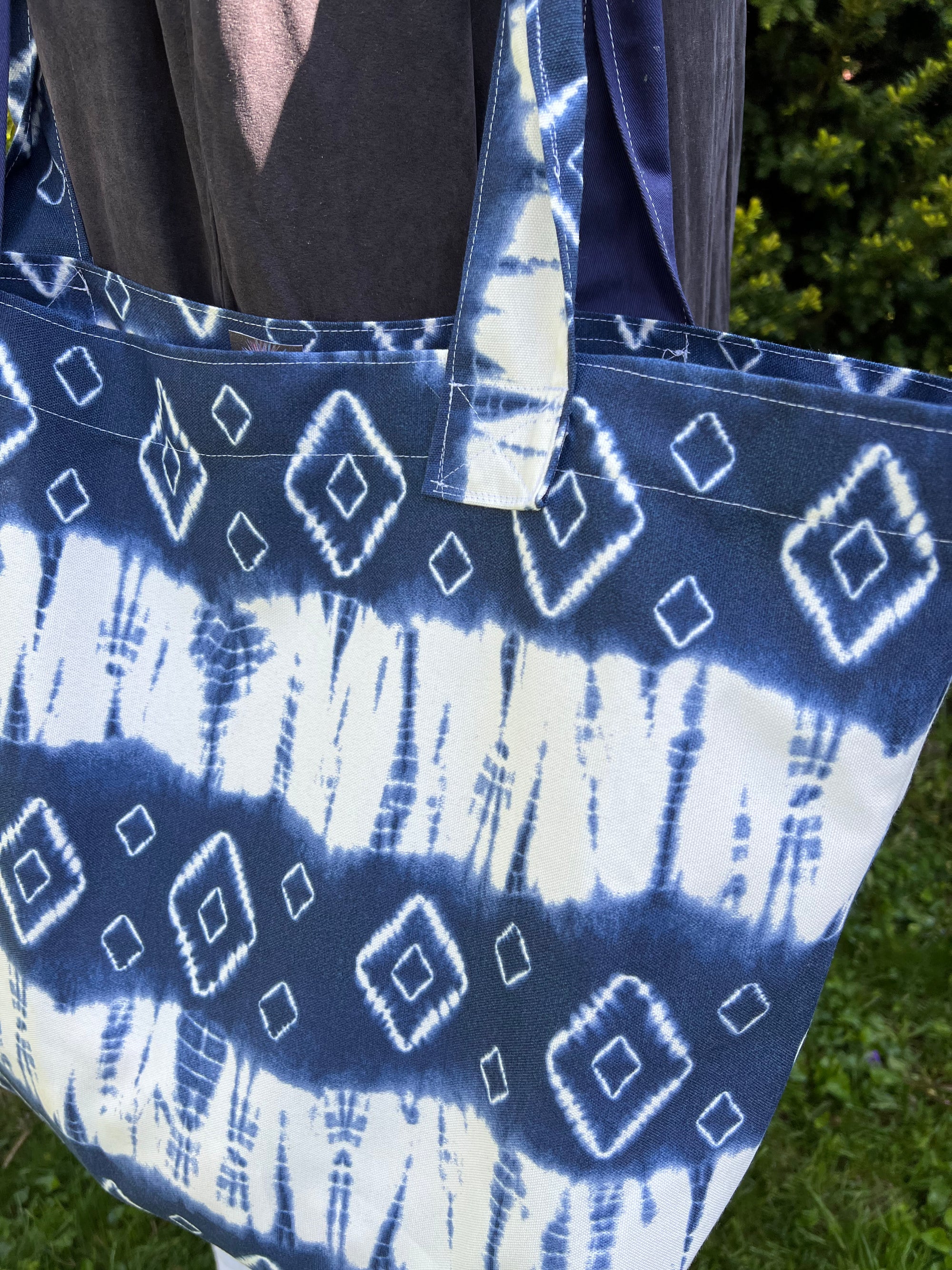 Grocery Market Tote Bag Waterproof Indigo Blue Shibori