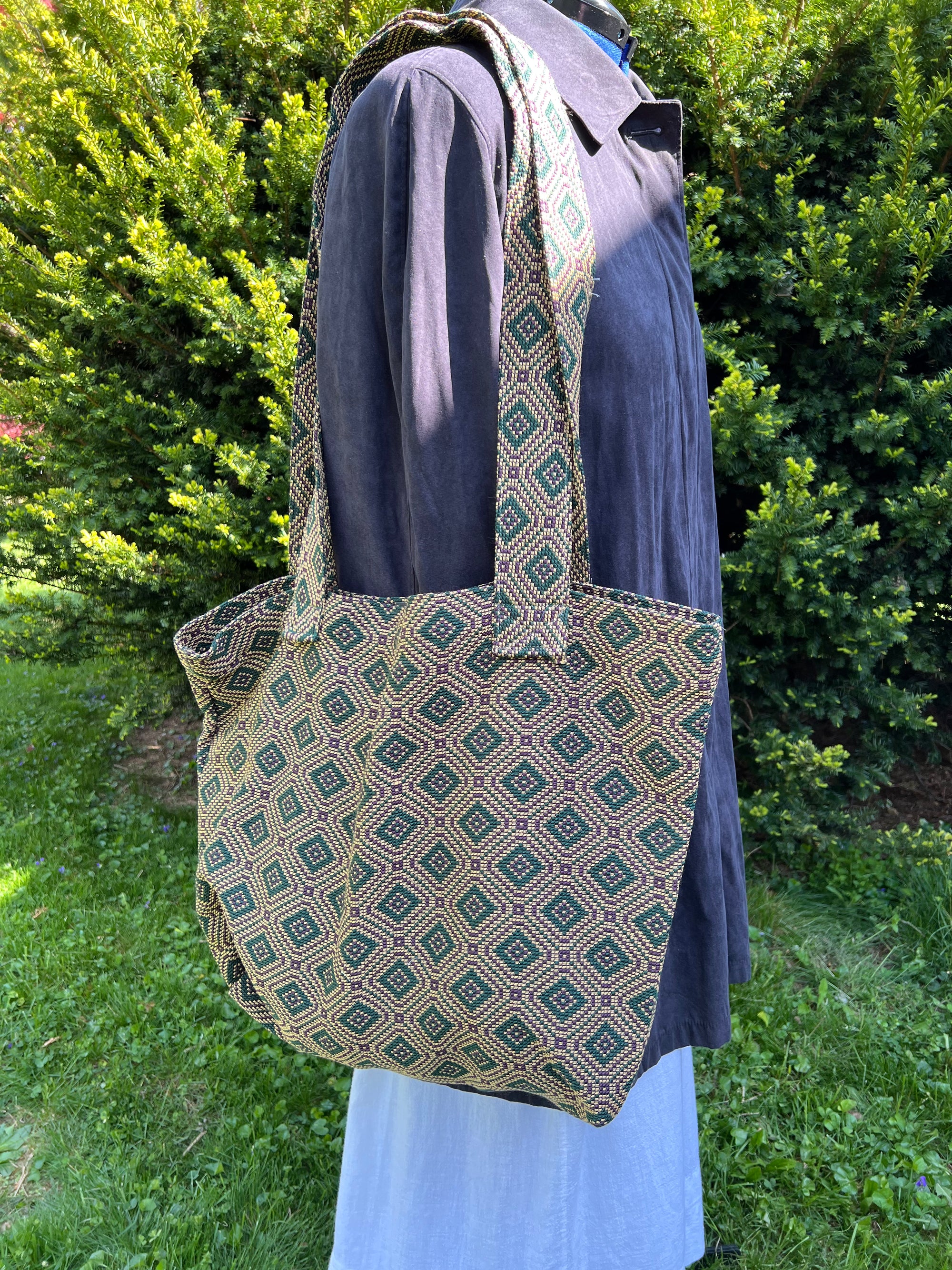 Carry All Grocery Market Tote Back Heavy Upholstery Green Burgandy